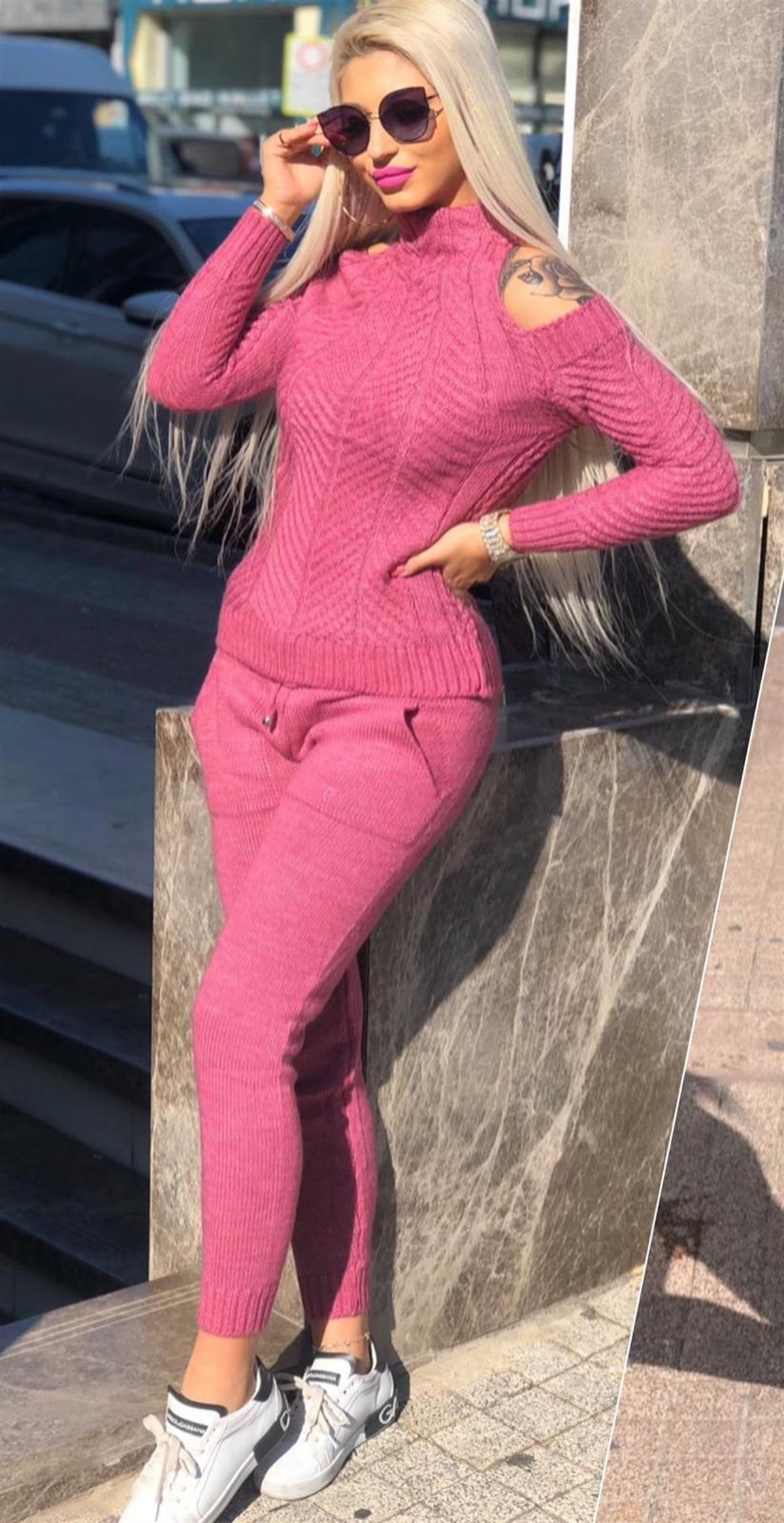 ESNEK TRİKO KUMAŞ OMUZLARI AÇIK DETAYLI ÖRME BAYAN EŞOFMAN TAKIM İKİ PARÇA SPOR TAKIM WOMAN SPORTSWEAR LP-281-2