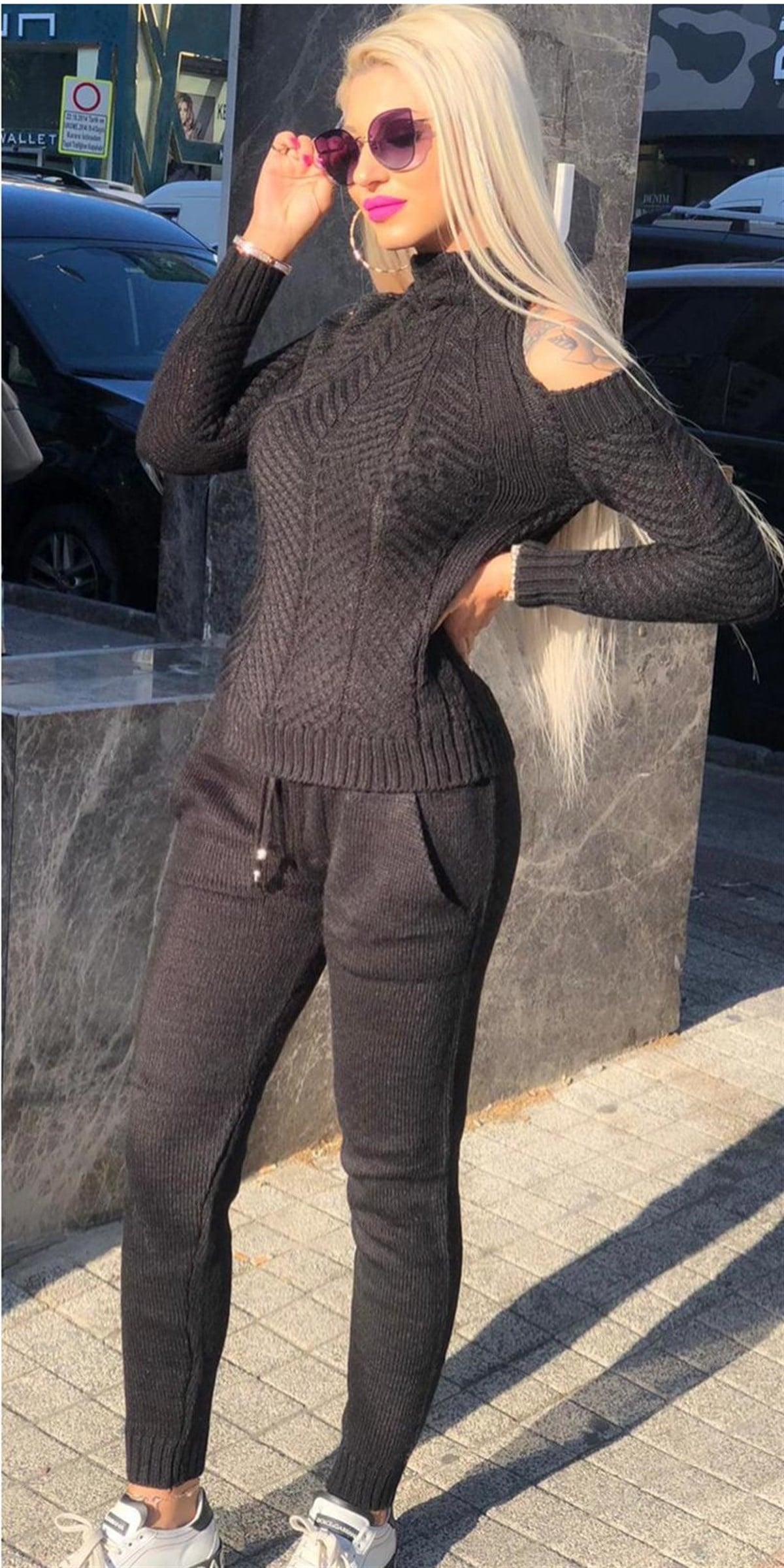 ESNEK TRİKO KUMAŞ OMUZLARI AÇIK DETAYLI ÖRME BAYAN EŞOFMAN TAKIM İKİ PARÇA SPOR TAKIM WOMAN SPORTSWEAR LP-281-1