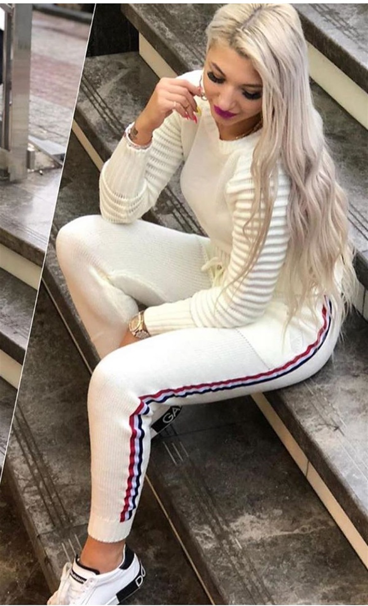 ESNEK TRİKO KUMAŞ YANI ŞERİT DETAYLI BAYAN EŞOFMAN TAKIM İKİ PARÇA SPOR TAKIM WOMAN SPORTSWEAR LP-279-1