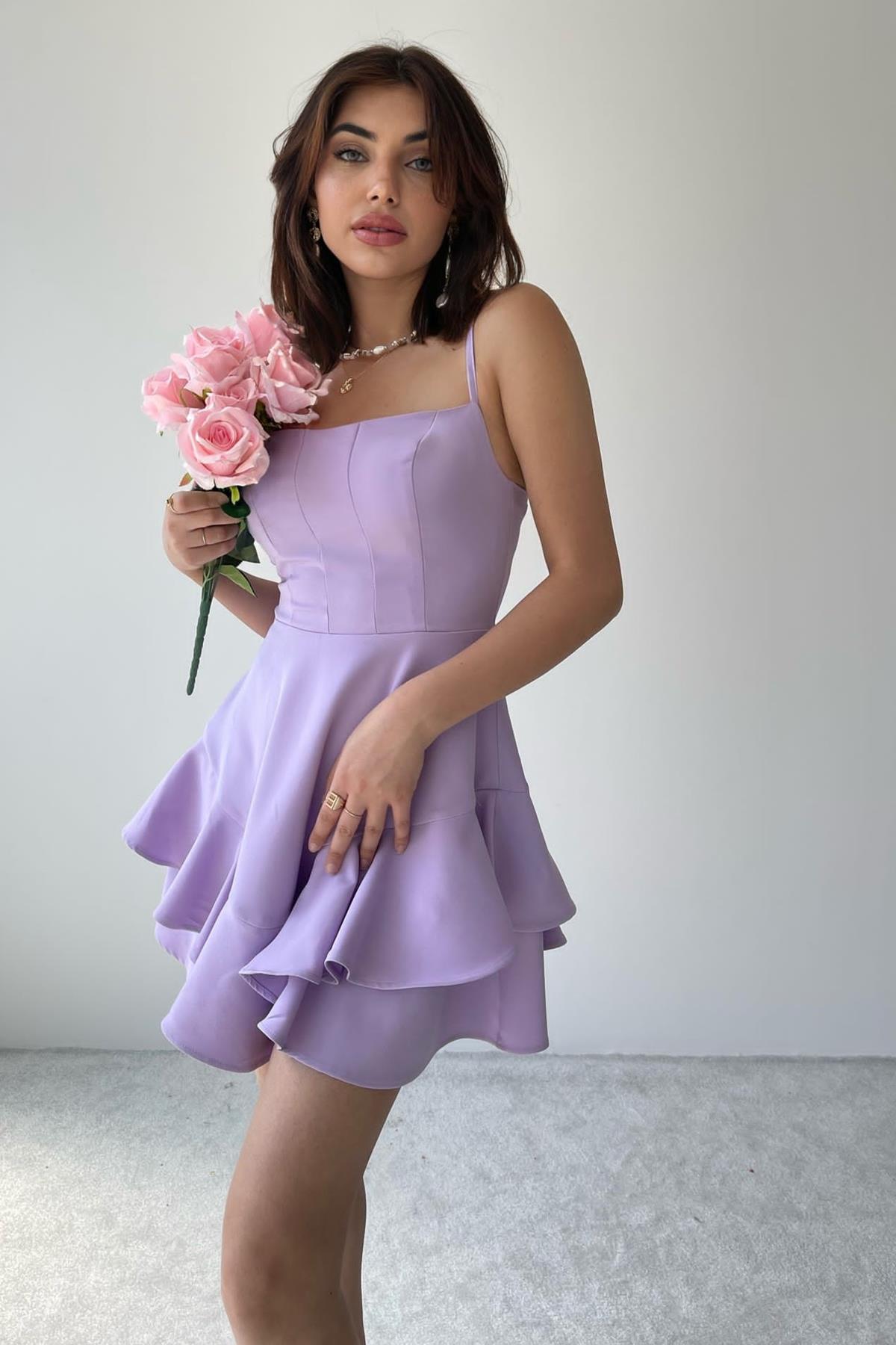 ETEĞİ VOLANLI İNCE ASKILI LİLA MİNİ ELBİSE MINI DRESS ETC-102-LİLA