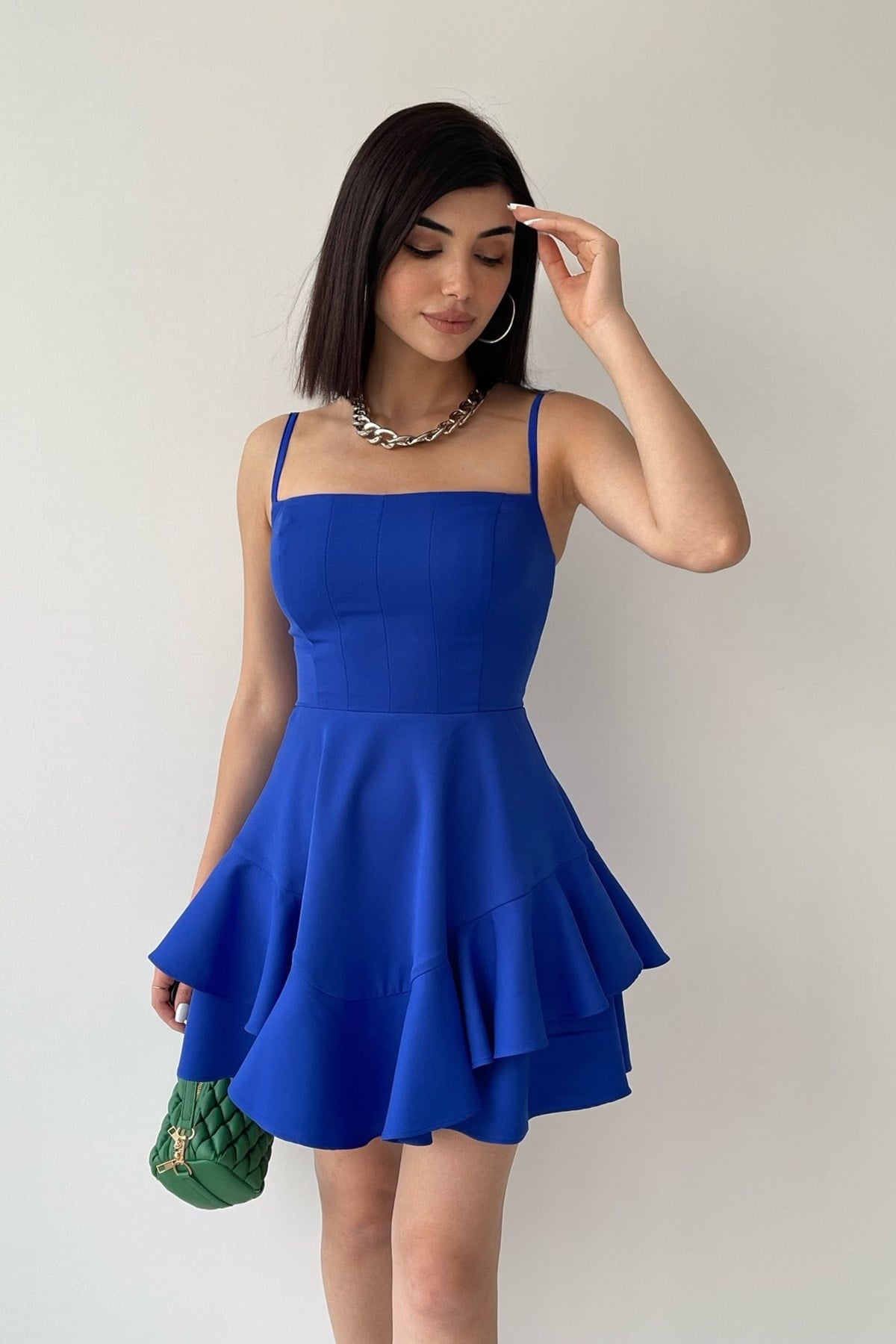 ETEĞİ VOLANLI İNCE ASKILI MAVİ MİNİ ELBİSE BLUE MINI DRESS ETC-102-MAVİ