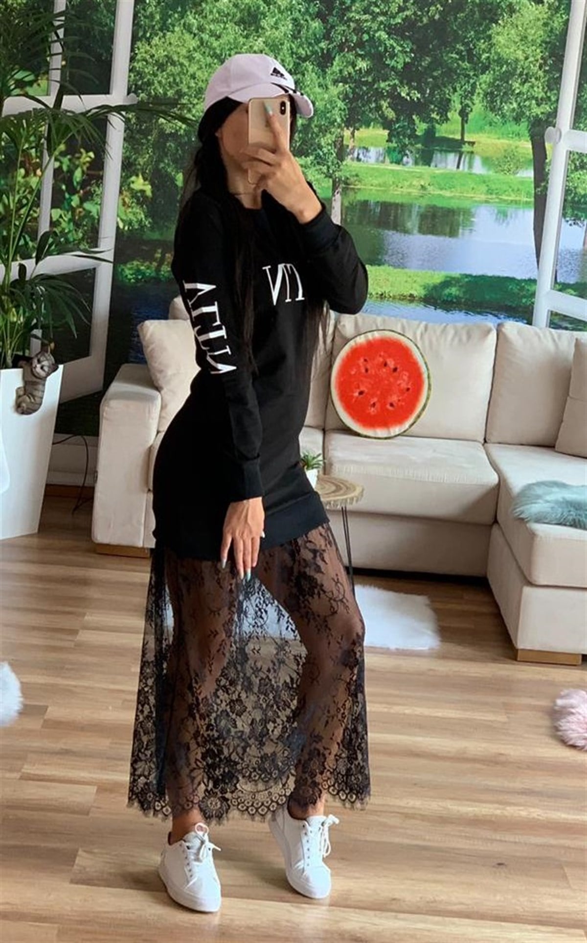 ETEK UCU DANTEL DETAYLI İKİİPLİK ESNEK KUMAŞ UZUN KOLLU SİYAH SPOR ELBİSE WOMAN SPORTSWEAR BLACK TUNIC BLACK DRESS ZN-002-1