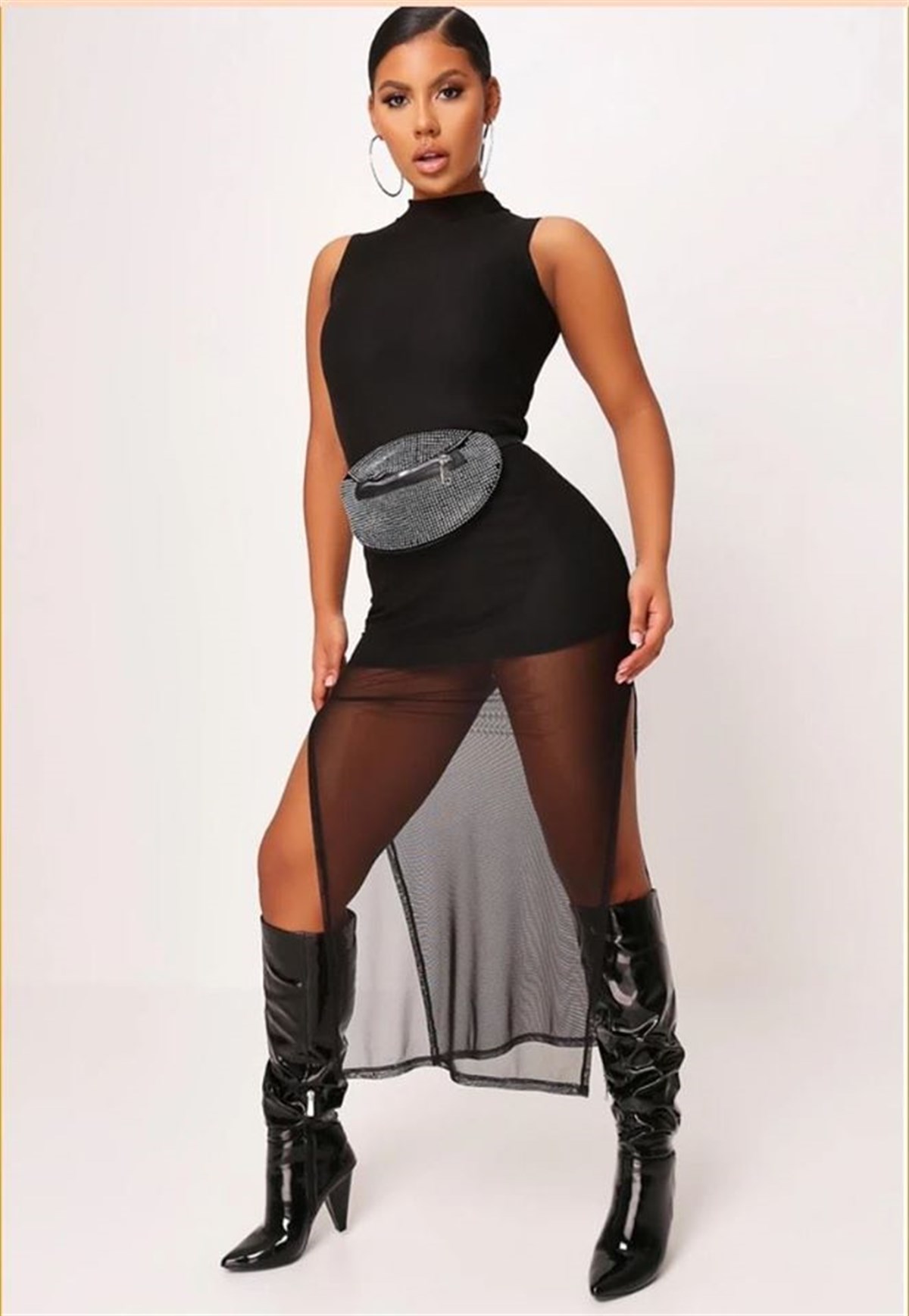 ETEK UCU TÜL DETAYLI ESNEK DALGIÇ KUMAŞ SİYAH SÜPER MİNİ ELBİSE KOLSUZ SİYAH GECE ELBİSESİ SİYAH MİNİ ELBİSE SLEEVELESS BLACK MINI DRESS DNM-568-siyah