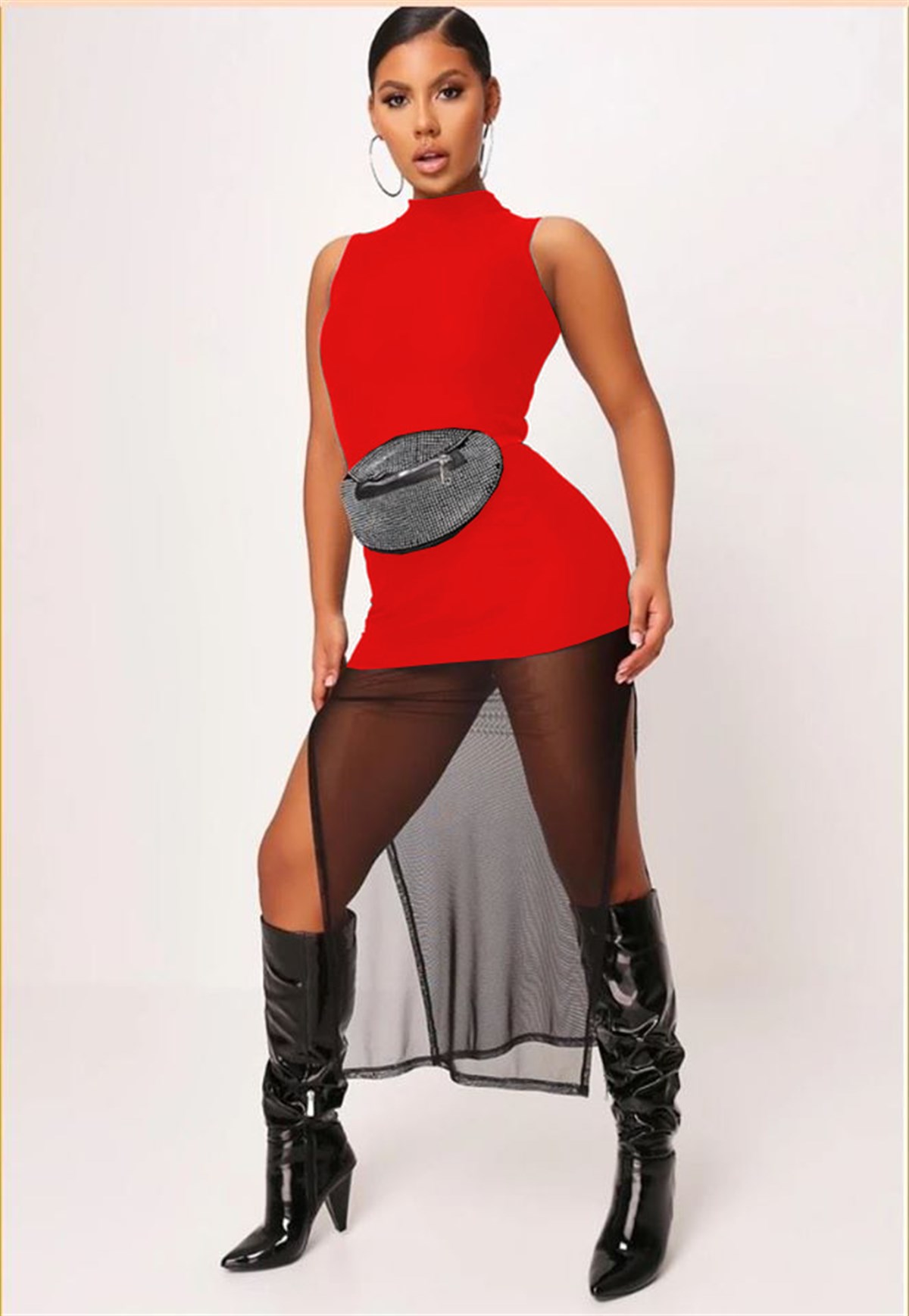 ETEK UCU TÜL DETAYLI ESNEK DALGIÇ KUMAŞ KIRMIZI SÜPER MİNİ ELBİSE KOLSUZ KIRMIZI GECE ELBİSESİ KIRMIZI MİNİ ELBİSE SLEEVELESS RED MINI DRESS DNM-568-kırmızı