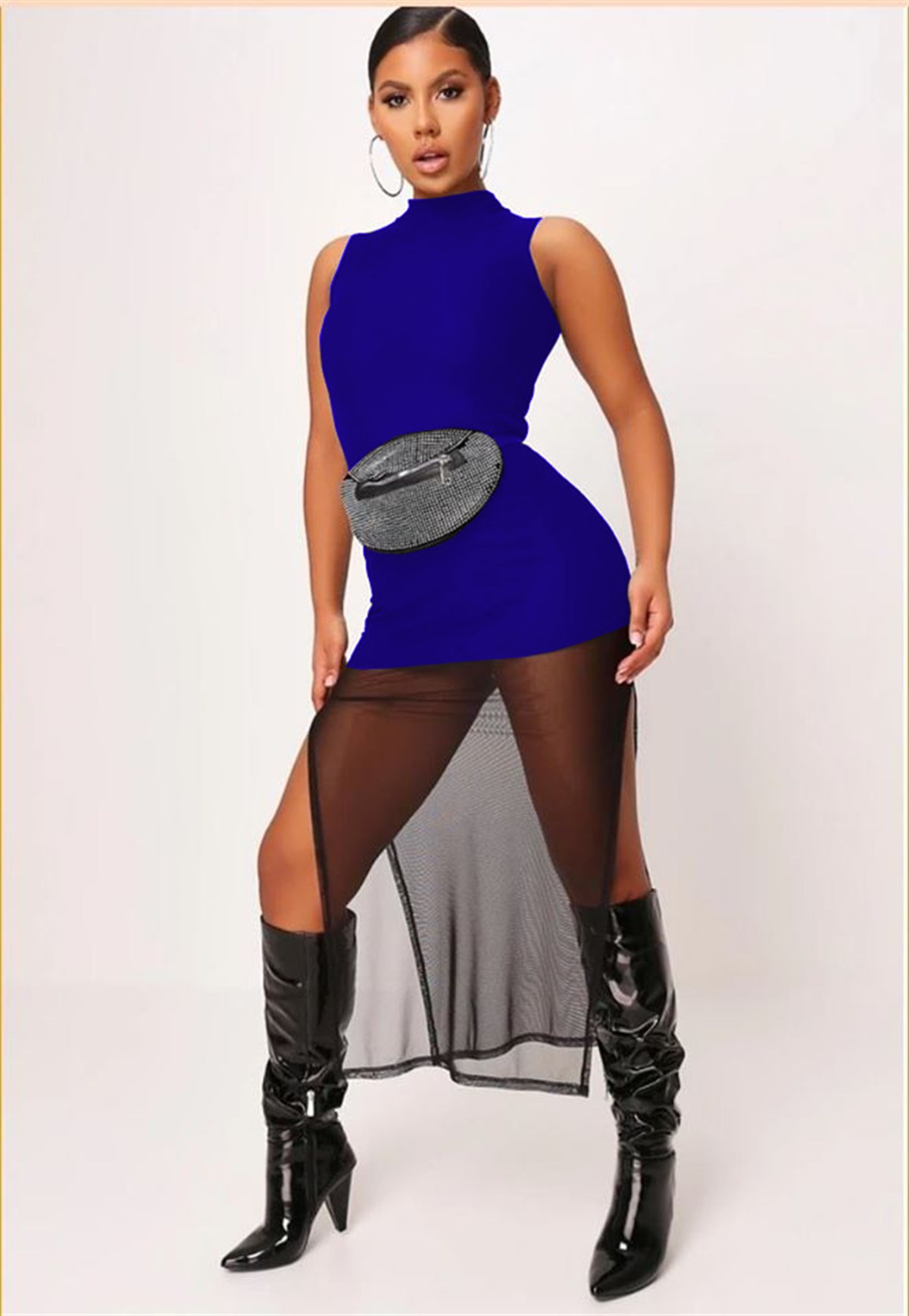 ETEK UCU TÜL DETAYLI ESNEK DALGIÇ KUMAŞ MAVİ SÜPER MİNİ ELBİSE KOLSUZ MAVİ GECE ELBİSESİ MAVİ MİNİ ELBİSE SLEEVELESS BLUE MINI DRESS DNM-568-mavi