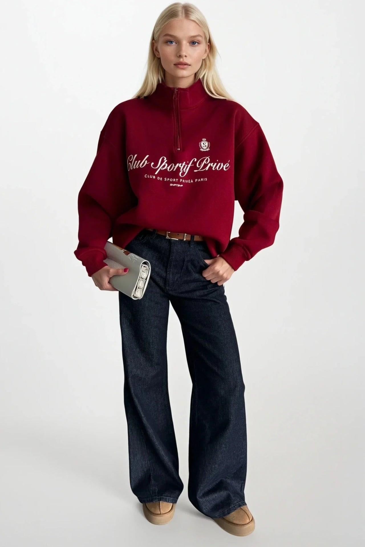 Fermuar Detay Baskılı Bordo Sweatshirt