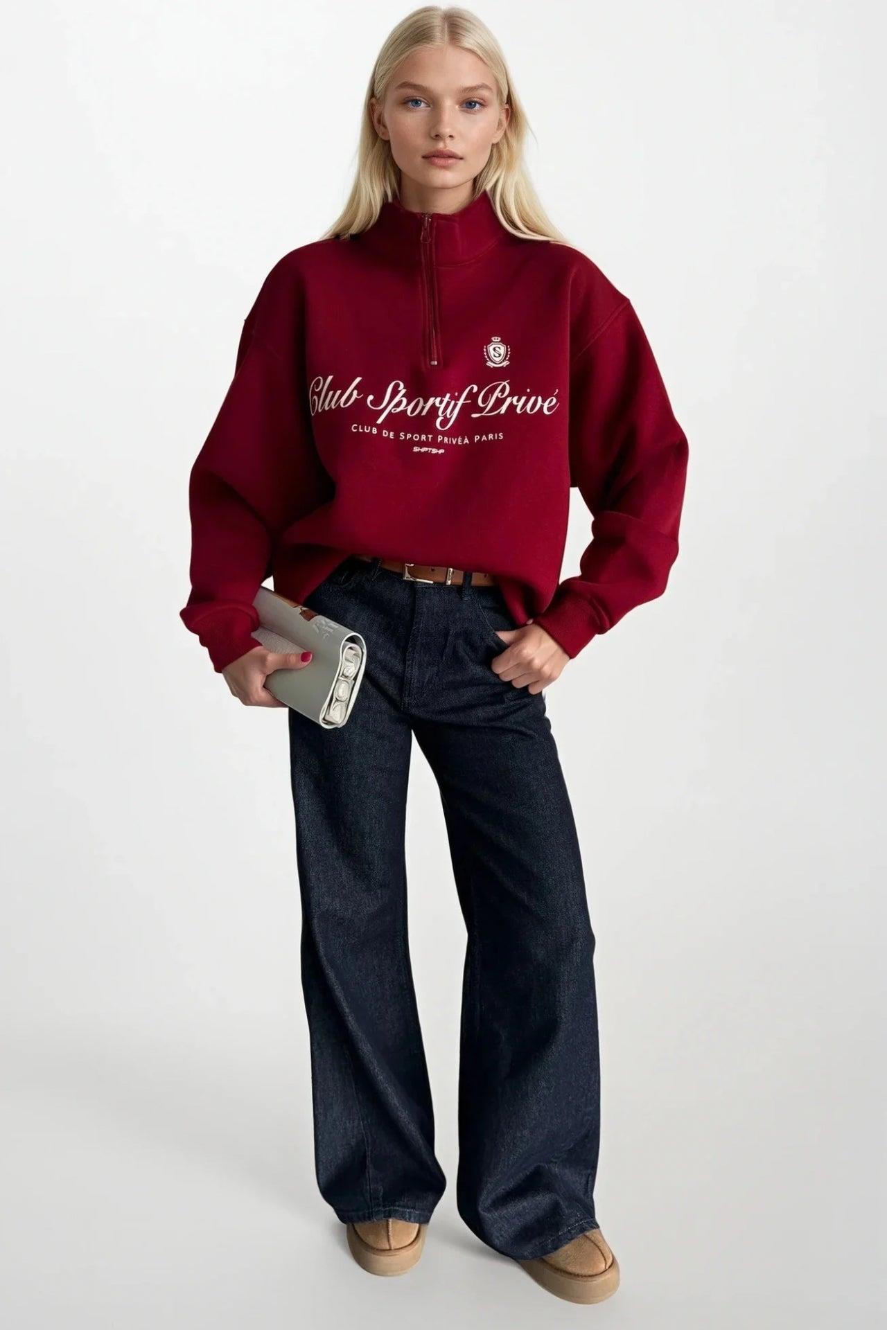 Fermuar Detay Baskılı Bordo Sweatshirt