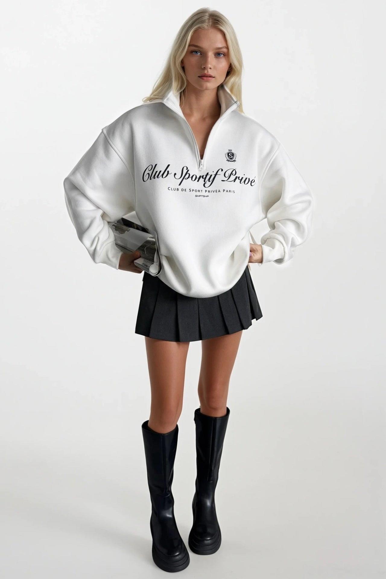 Fermuar Detay Baskılı Ekru Sweatshirt