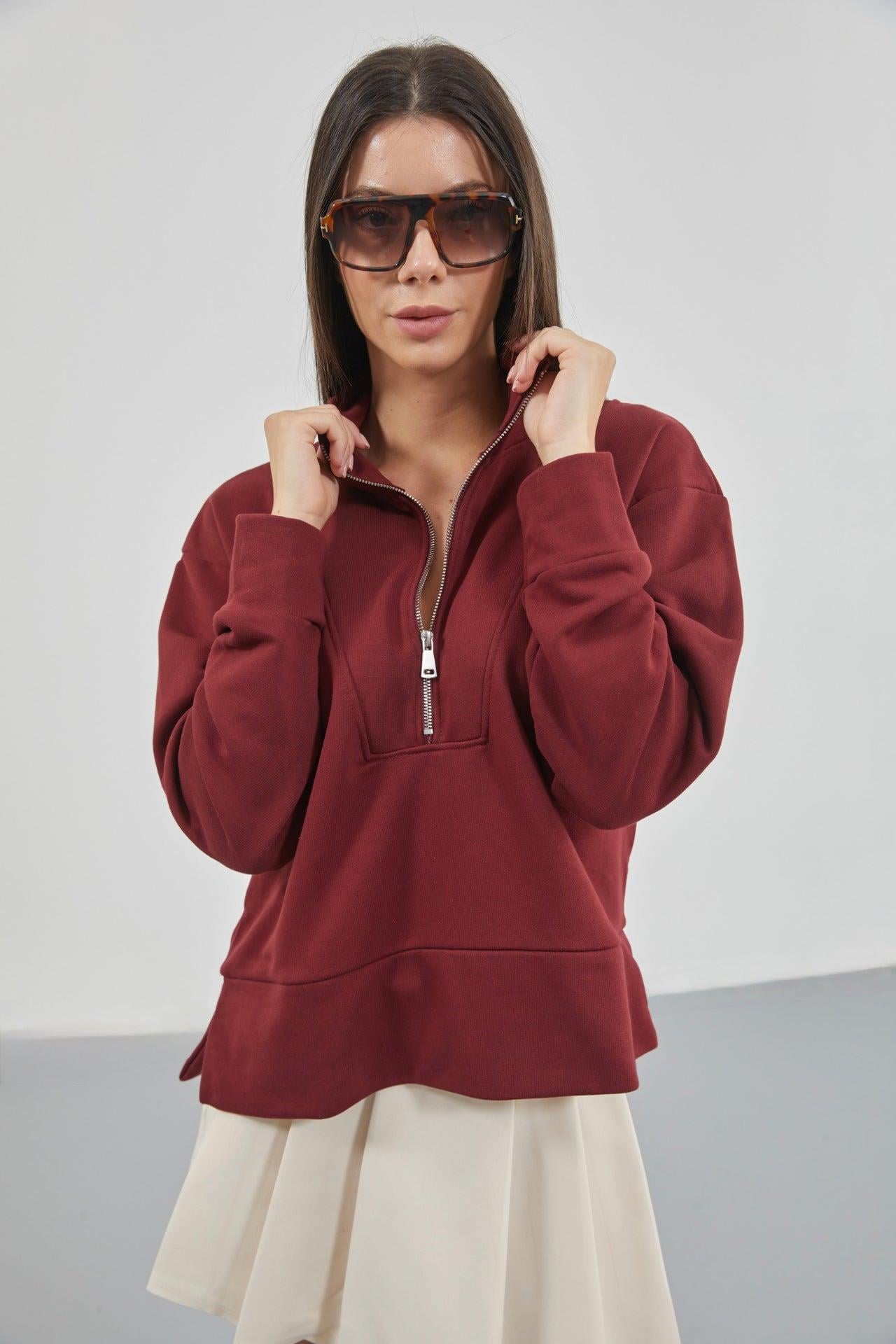 Fermuar ve Dikiş Detaylı Bordo Sweatshirt