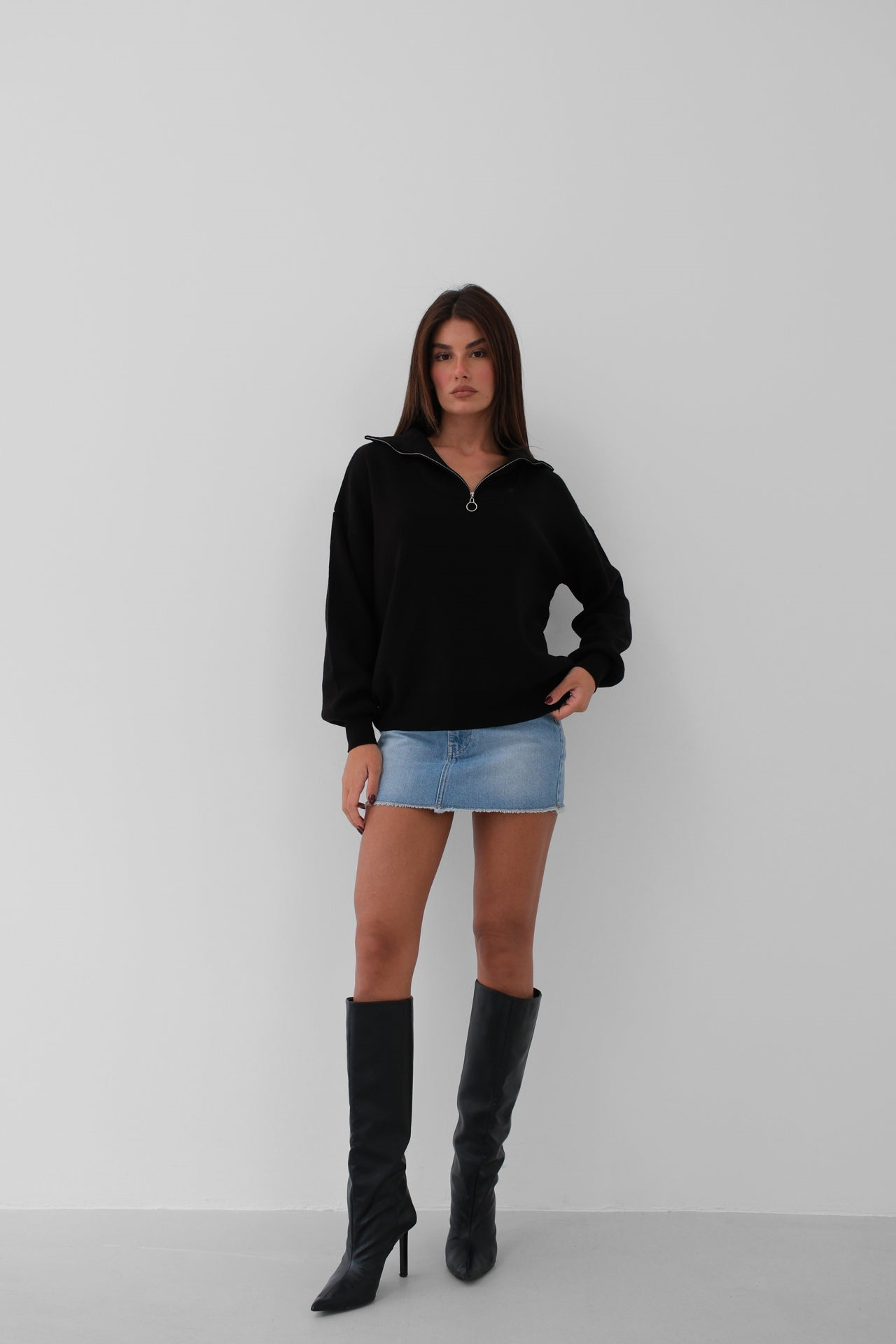 Fermuarlı Oversize Siyah Triko Kazak