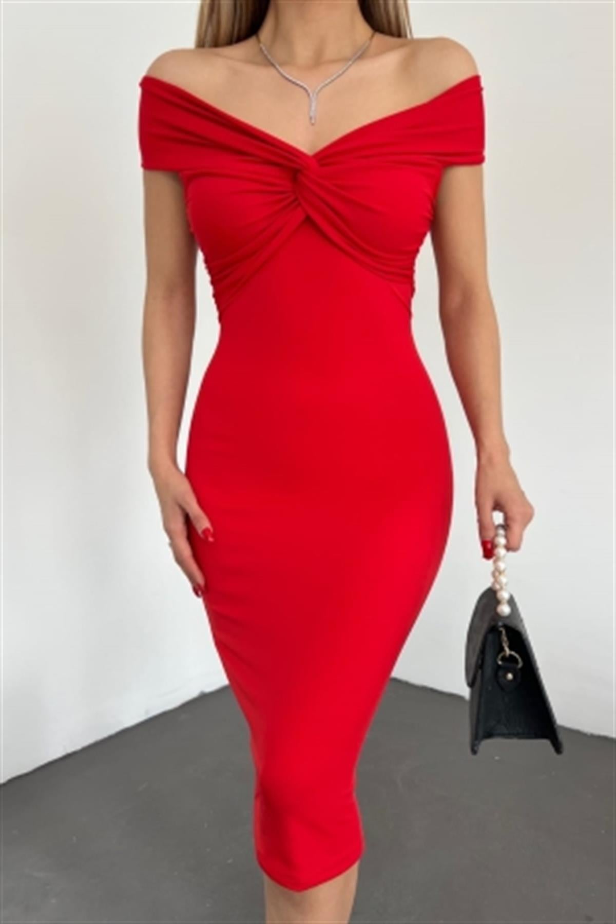 Full Likra Esnek Dalgıç Kumaş Midi Boy Kısa Kollu Kırmızı Abiye Elbise 5038