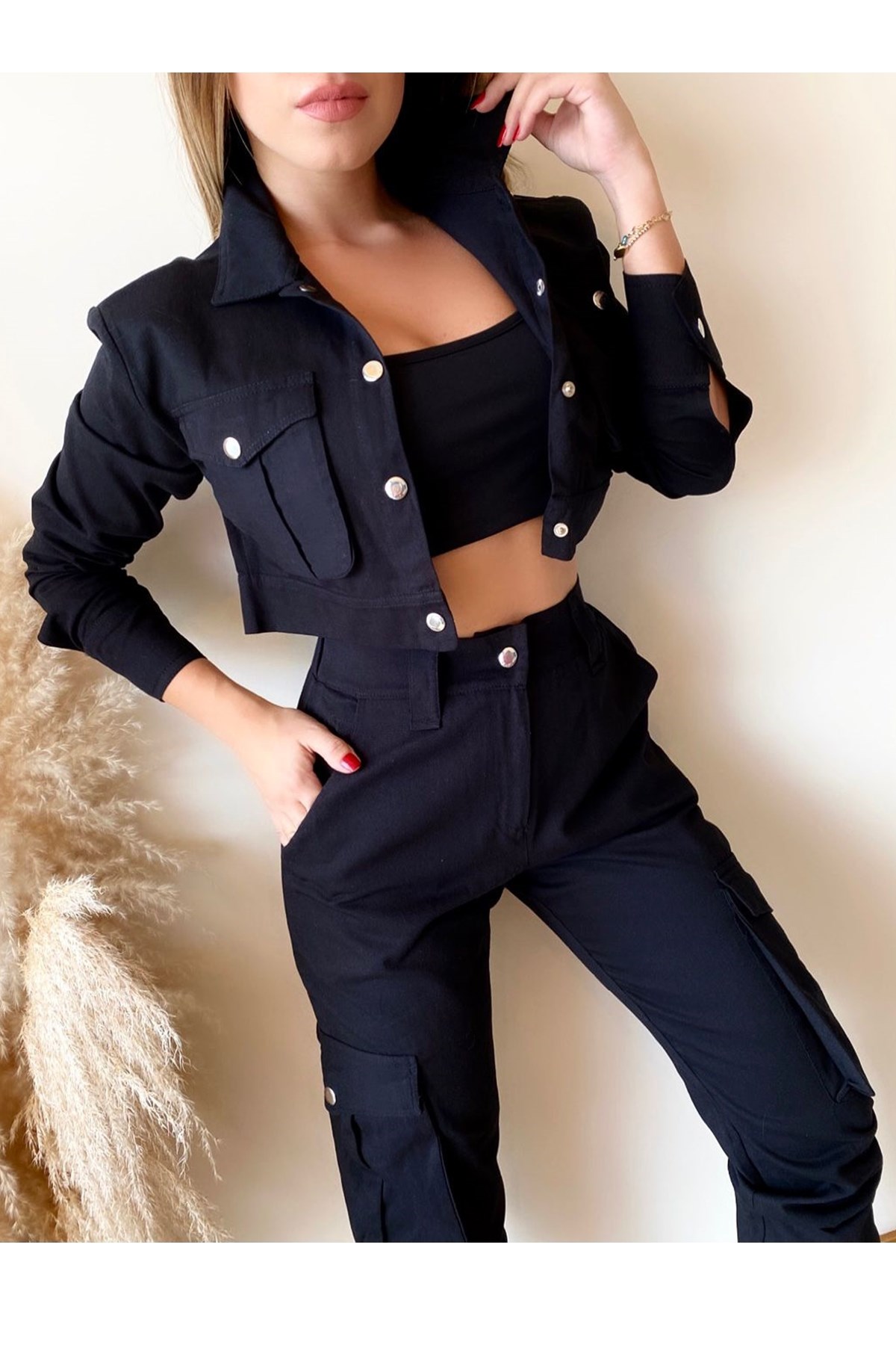 GABARDİN KUMAŞ SİYAH CEKET VE LASTİK PAÇA SİYAH PANTOLON TAKIM BLACK JACKET AND PANTS SET GD-034-SİYAH