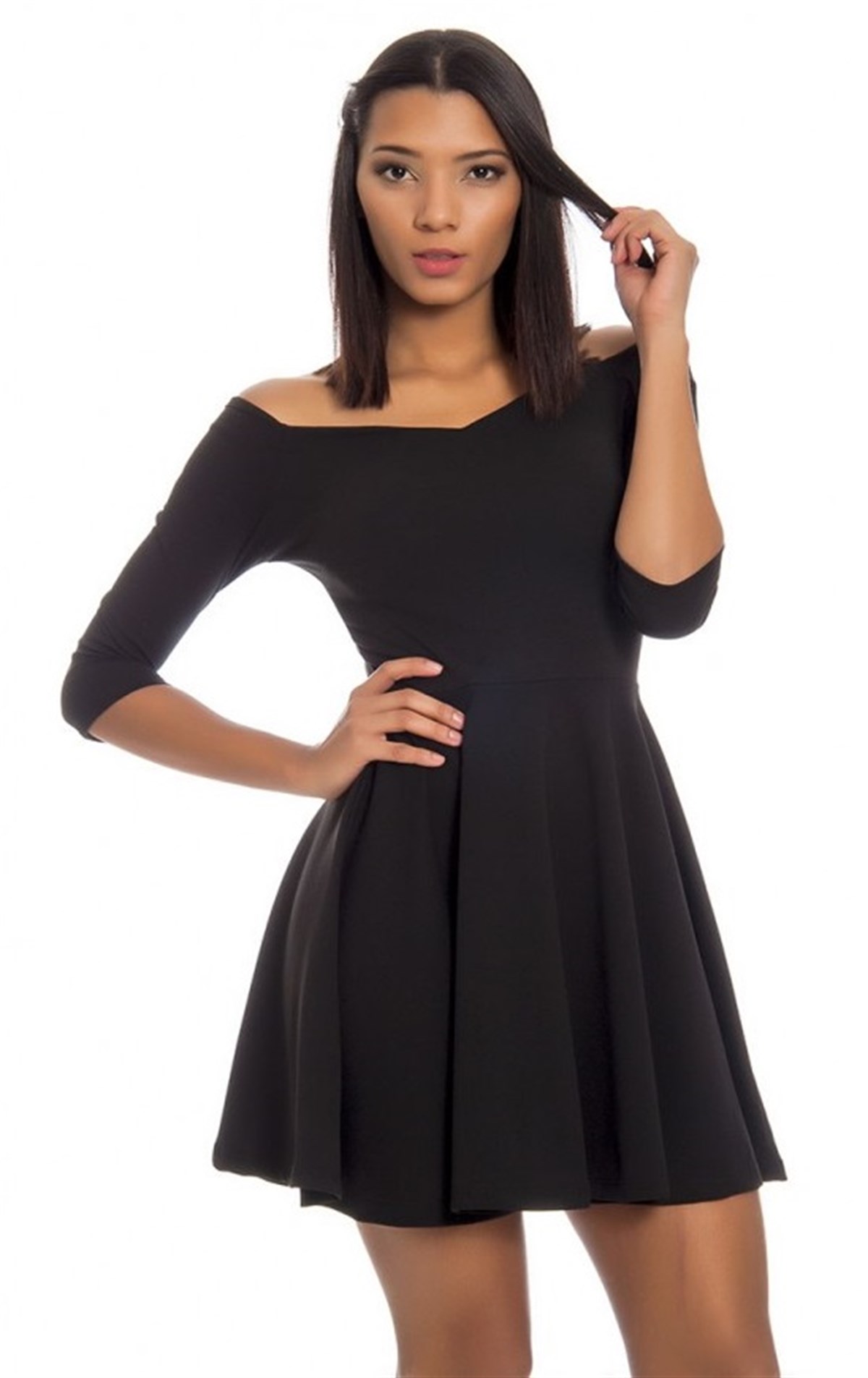 GÖĞÜS DEKOLTELİ KİLOŞ SİYAH ELBİSE BLACK DAYDRESS MD-001-1