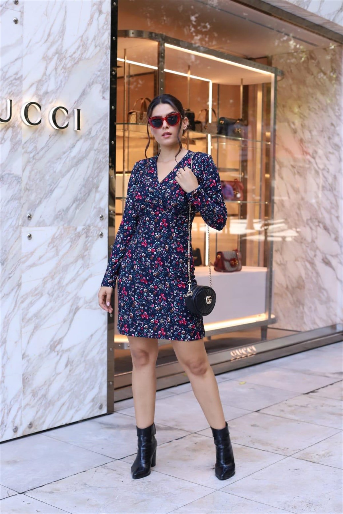 GÖĞÜS DEKOLTELİ KRUVAZE YAKA UZUN KOLLU ÇİÇEK DESENLİ GÜNLÜK DAY DRESS ELBİSE EMR-020-2