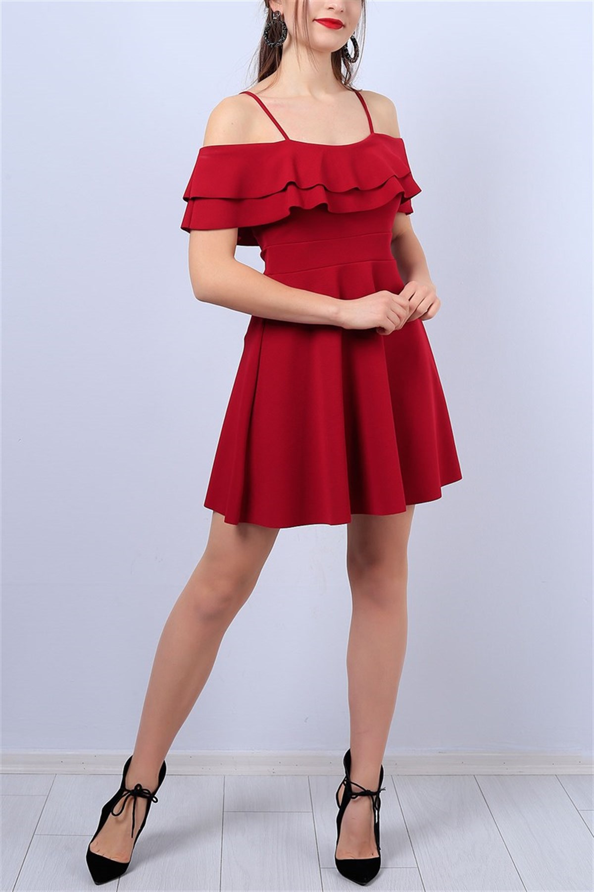 GÖĞÜSÜ VOLAN DETAYLI ASKILI BORDO MİNİ ELBİSE BORDO MİNİ ABİYE ELBİSE BORDO GECE ELBİSESİ DARK RED MINI DRESS DARK RED PARTY DRESS RED CLUBWEAR EMR-014-BORDO
