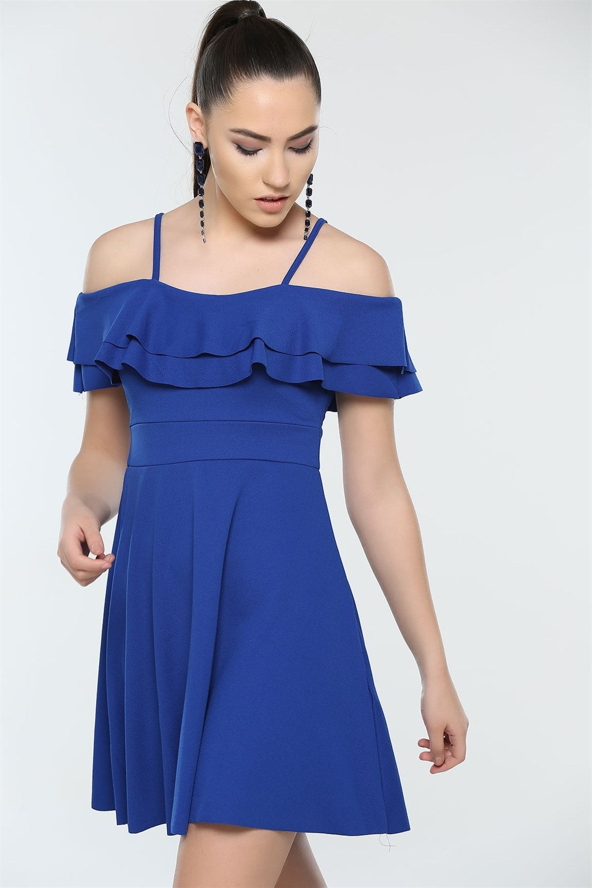 GÖĞÜSÜ VOLAN DETAYLI ASKILI MAVİ MİNİ ELBİSE MAVİ MİNİ ABİYE ELBİSE MAVİ GECE ELBİSESİ BLUE MINI DRESS BLUE PARTY DRESS BLUE CLUBWEAR EMR-014-MAVİ