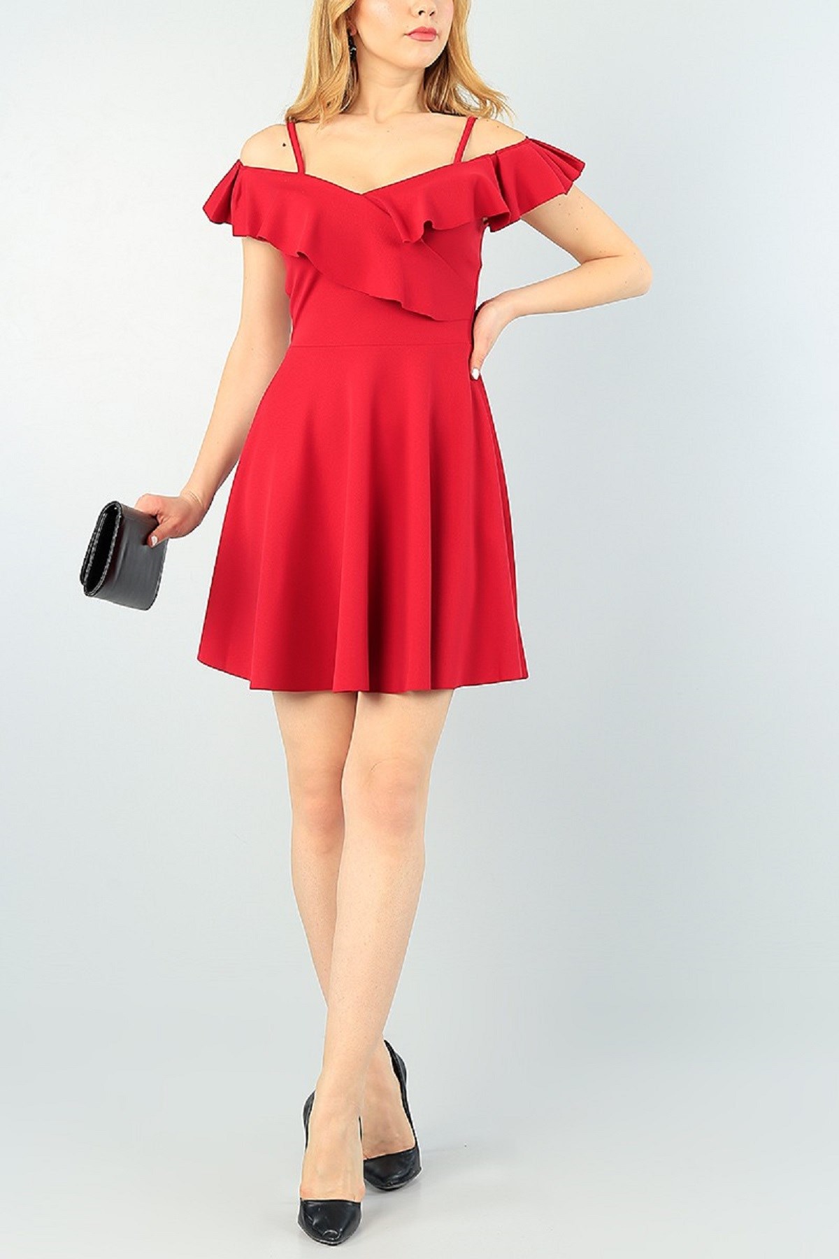 GÖĞÜSÜ VOLAN DETAYLI V YAKA KOLSUZ KIRMIZI MİNİ ELBİSE KIRMIZI MİNİ ABİYE ELBİSE KIRMIZI GECE ELBİSESİ RED MINI DRESS RED PARTY DRESS RED CLUBWEAR emr-077-KIRMIZI