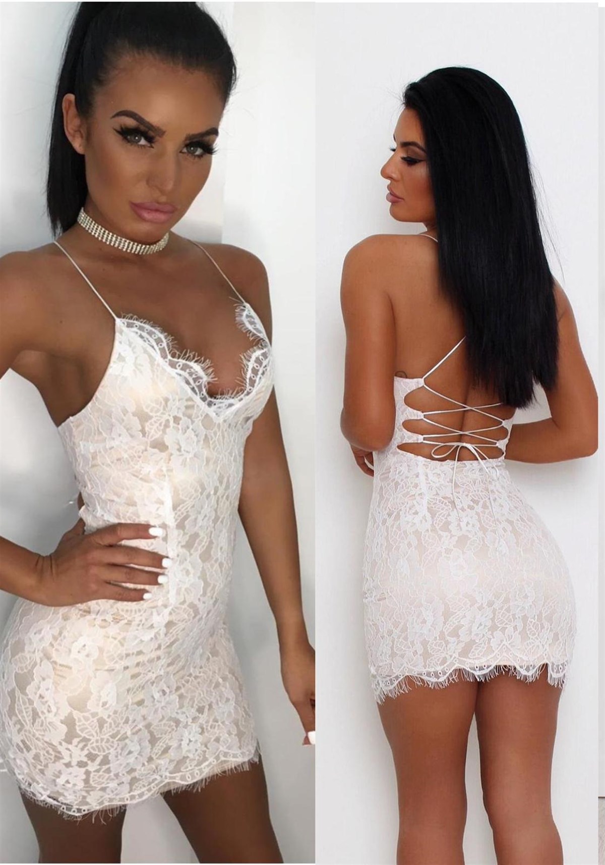 İÇİ ASTARLI ESNEK DANTEL KUMAŞ GÖĞÜS DEKOLTELİ BEYAZ MİNİ ELBİSE ASKILI BEYAZ DANTEL GECE ELBİSESİ WHITE LACE MINI DRESS LP-271-2