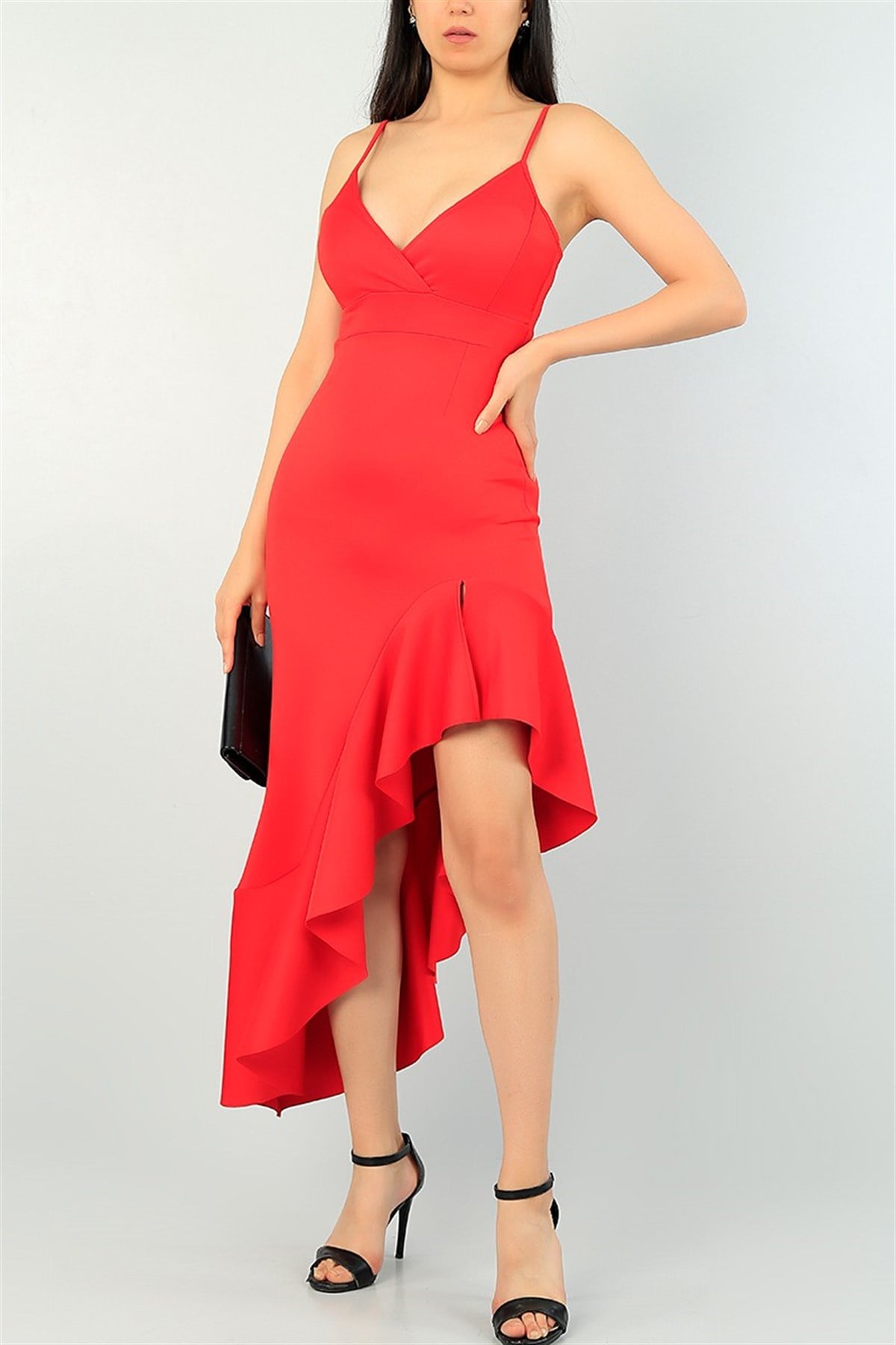 İNCE ASKILI YIRTMAÇ DETAYLI KIRMIZI ABİYE ELBİSE NİŞAN ELBİSESİ MEZUNİYET ELBİSESİ RED PROM DRESS emr-090-KIRMIZI