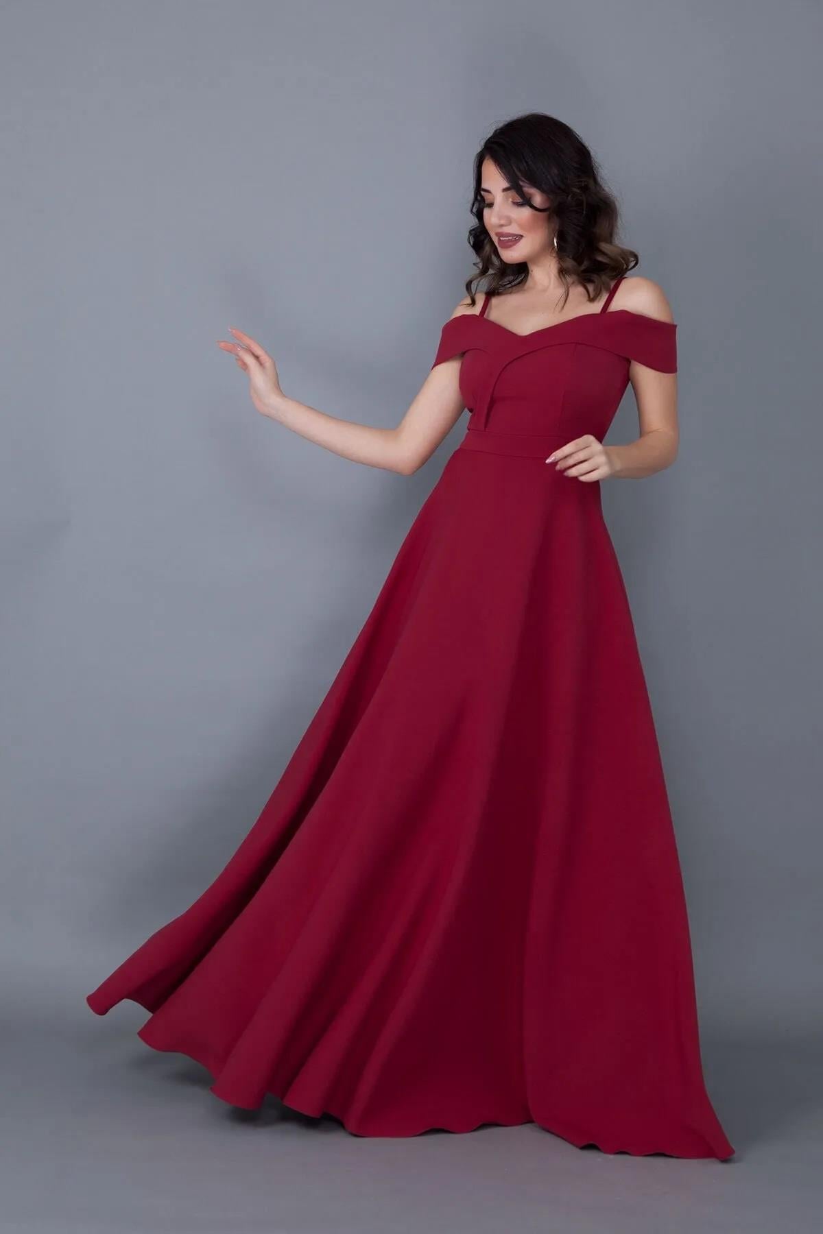 Kadın Askılı Düşük Omuz Detay Maxi Boy Bordo Abiye Elbise 342