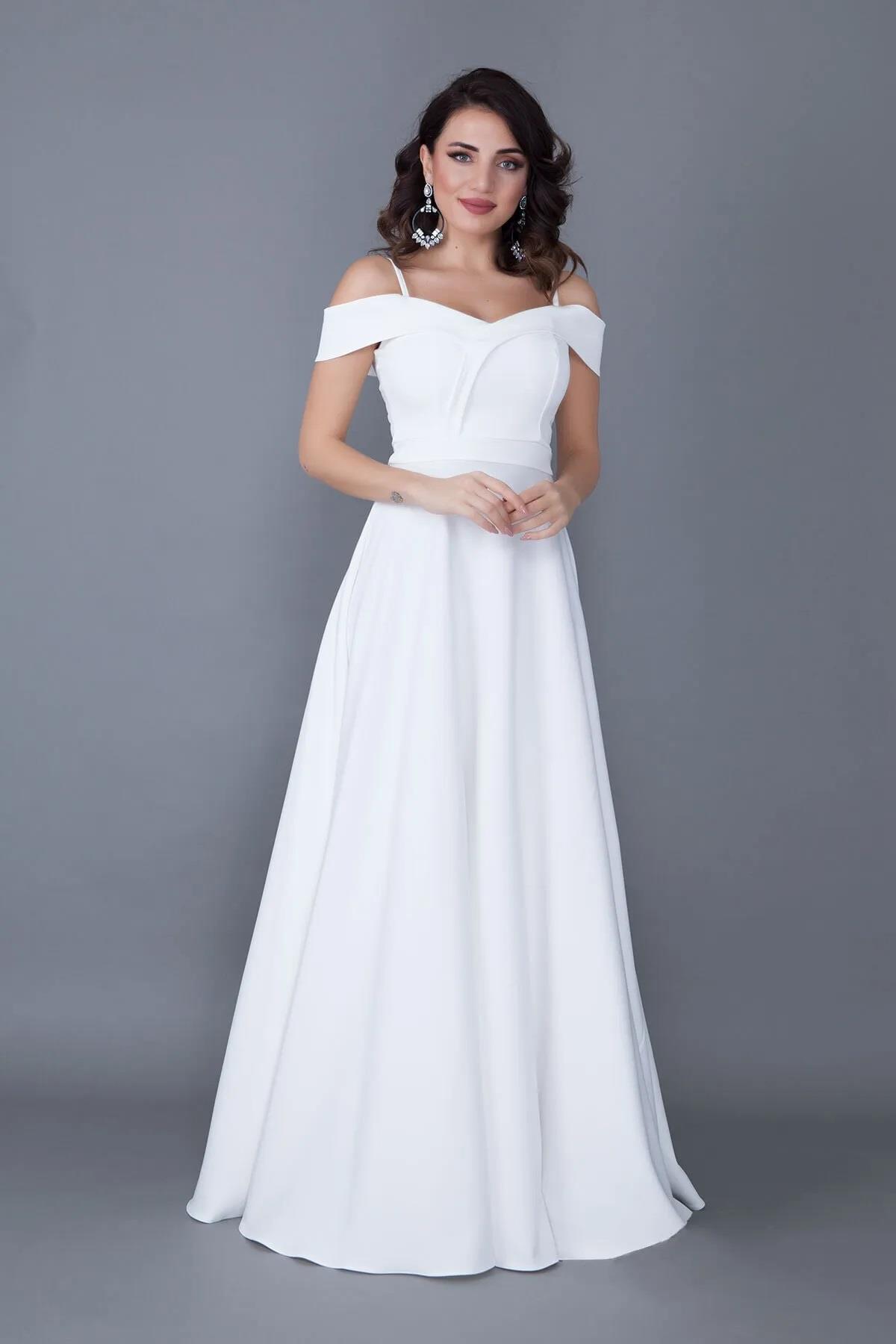 Kadın Askılı Düşük Omuz Detay Maxi Boy Beyaz Abiye Elbise 342