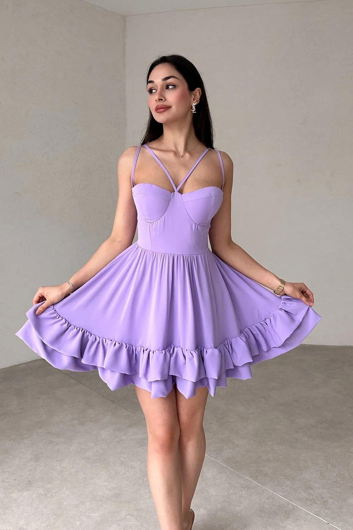 Kadın Atlas Kumaş Göğüs Destekli Eteği Fırfırlı Tasarım Lila Mini Abiye Elbise 098