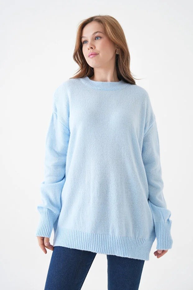 Kadın Bisiklet Yaka Oversize Bebe Mavi Triko Kazak 4090