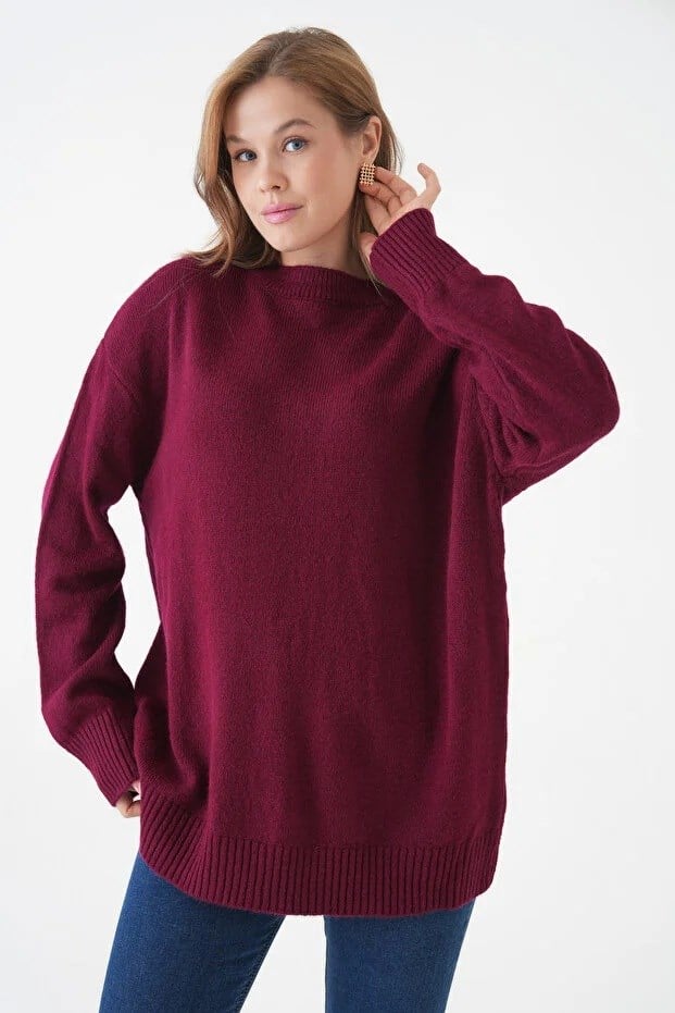 Kadın Bisiklet Yaka Oversize Bordo Triko Kazak 4090