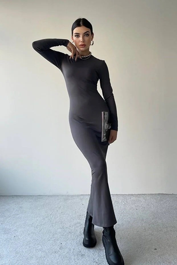 Kadın Esnek Sandy Kumaş Uzun Kollu Midi Füme Basic Elbise 323