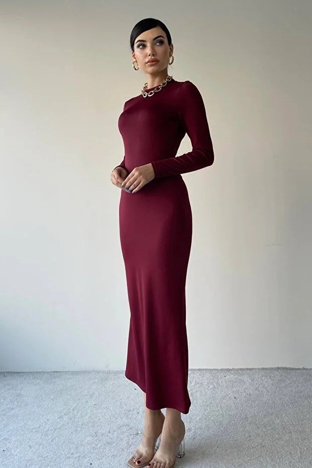Kadın Esnek Sandy Kumaş Uzun Kollu Midi Bordo Basic Elbise 323