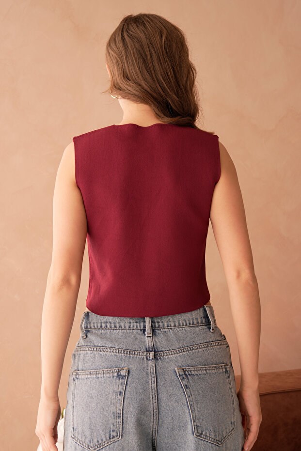 Kadın Esnek Triko Kumaş Şık Düğme Tasarım Bordo Basic Crop Yelek 9902
