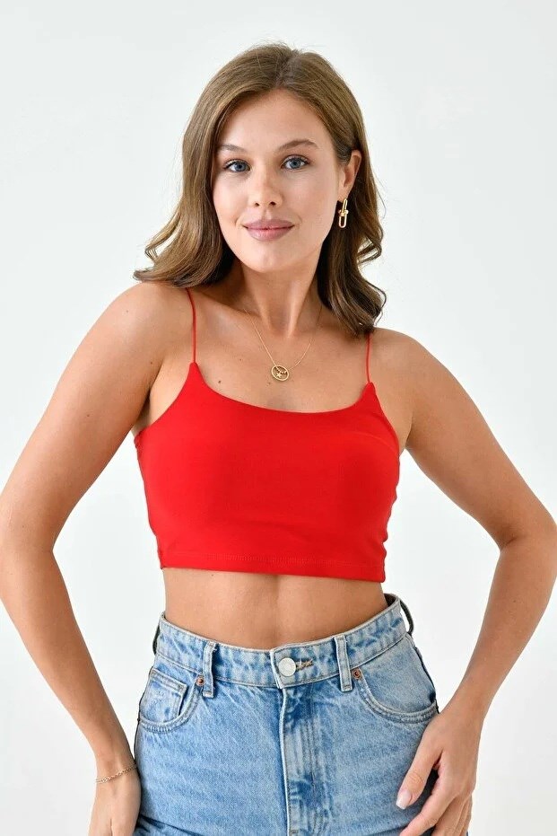 Kadın Pamuklu Kumaş Lastik Askılı Kırmızı Crop Bluz 10530