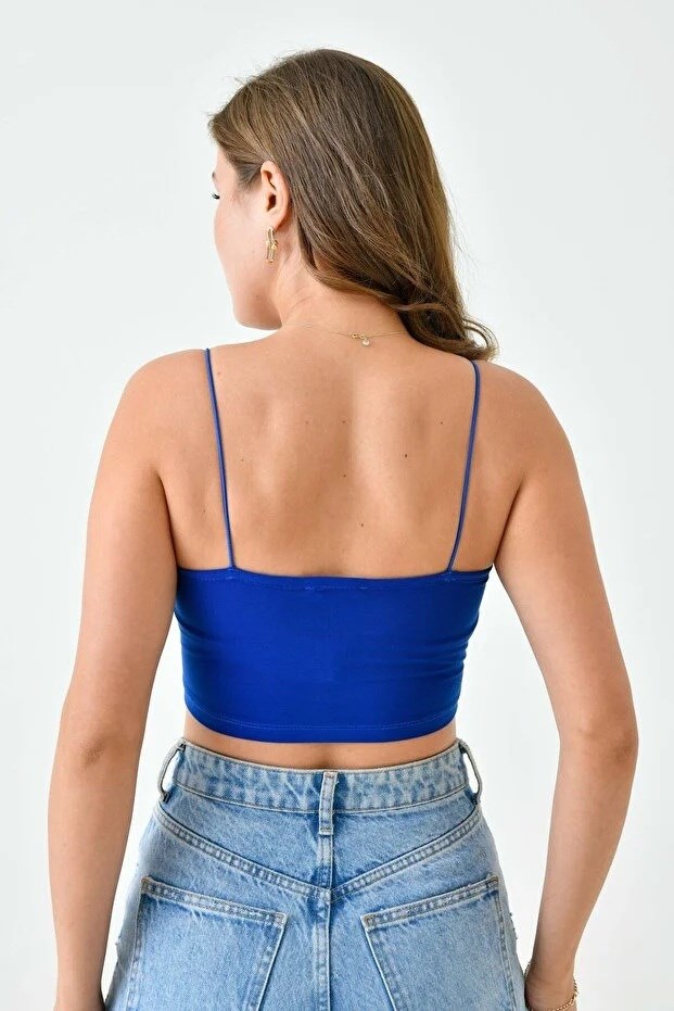 Kadın Pamuklu Kumaş Lastik Askılı Saks Mavi Crop Bluz 10530