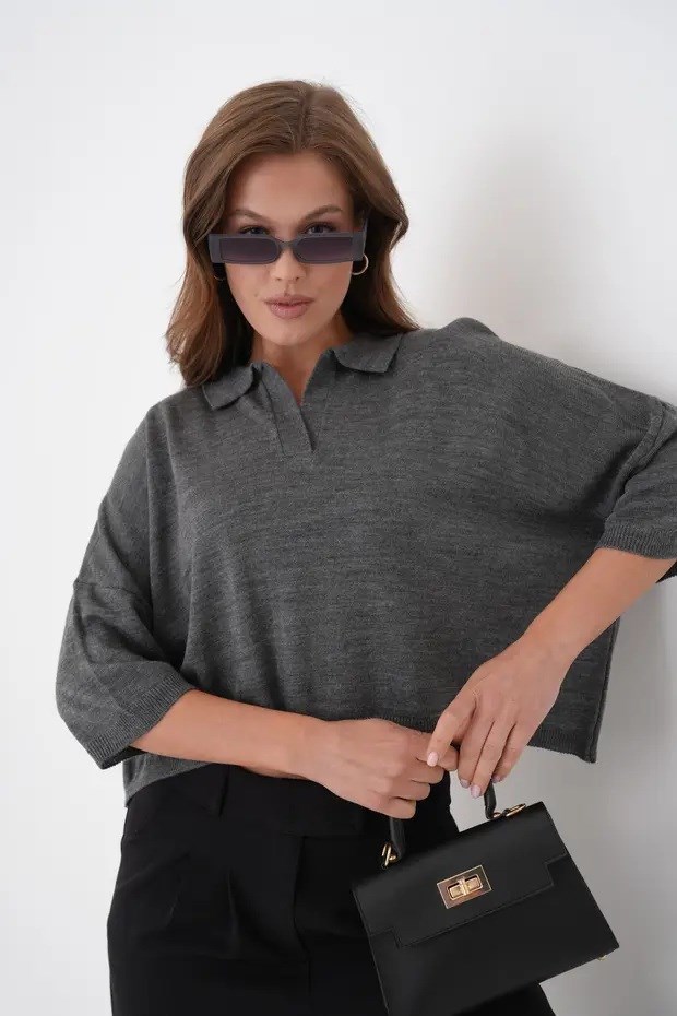 Kadın Polo Yaka Düşük Kol Tasarım Oversize Crop Antrasit Triko Bluz 002