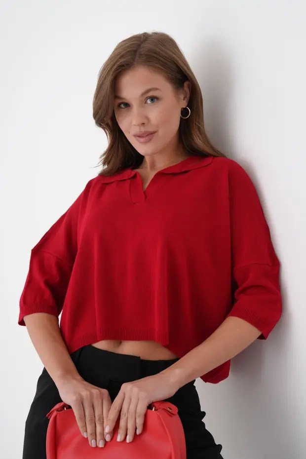 Kadın Polo Yaka Düşük Kol Tasarım Oversize Crop Kırmızı Triko Bluz 002
