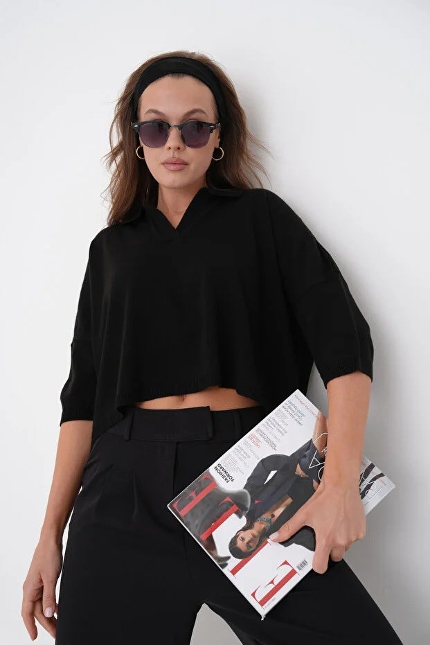 Kadın Polo Yaka Düşük Kol Tasarım Oversize Crop Siyah Triko Bluz 002