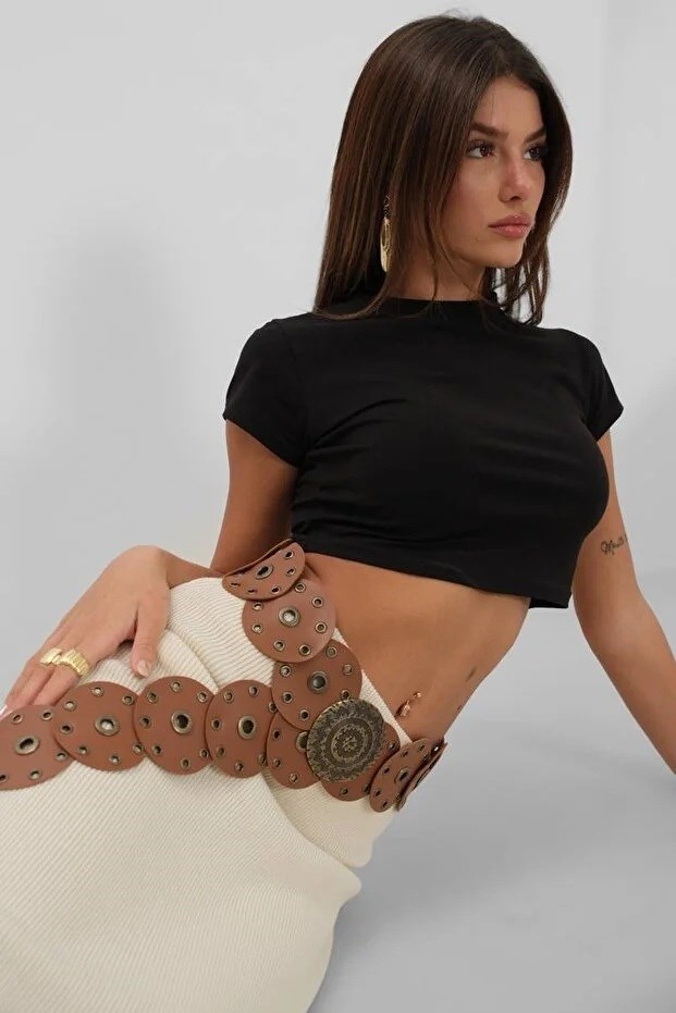 Kadın Suni Deri Madalyon Tokalı Kovboy Stil Taba Kemer 24W37002