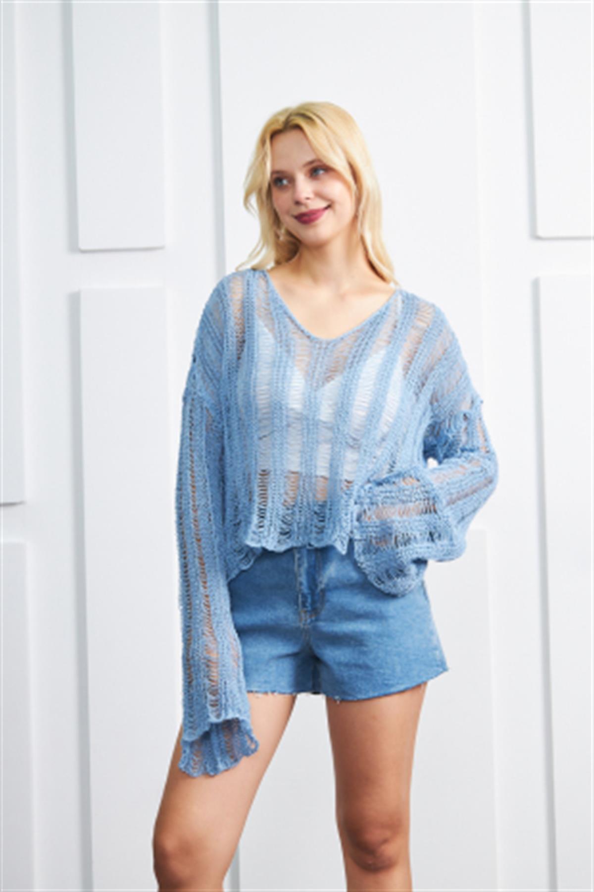 Kadın Triko Kumaş Oversize Kalıp Uzun Kollu Mavi Triko Bluz 2500