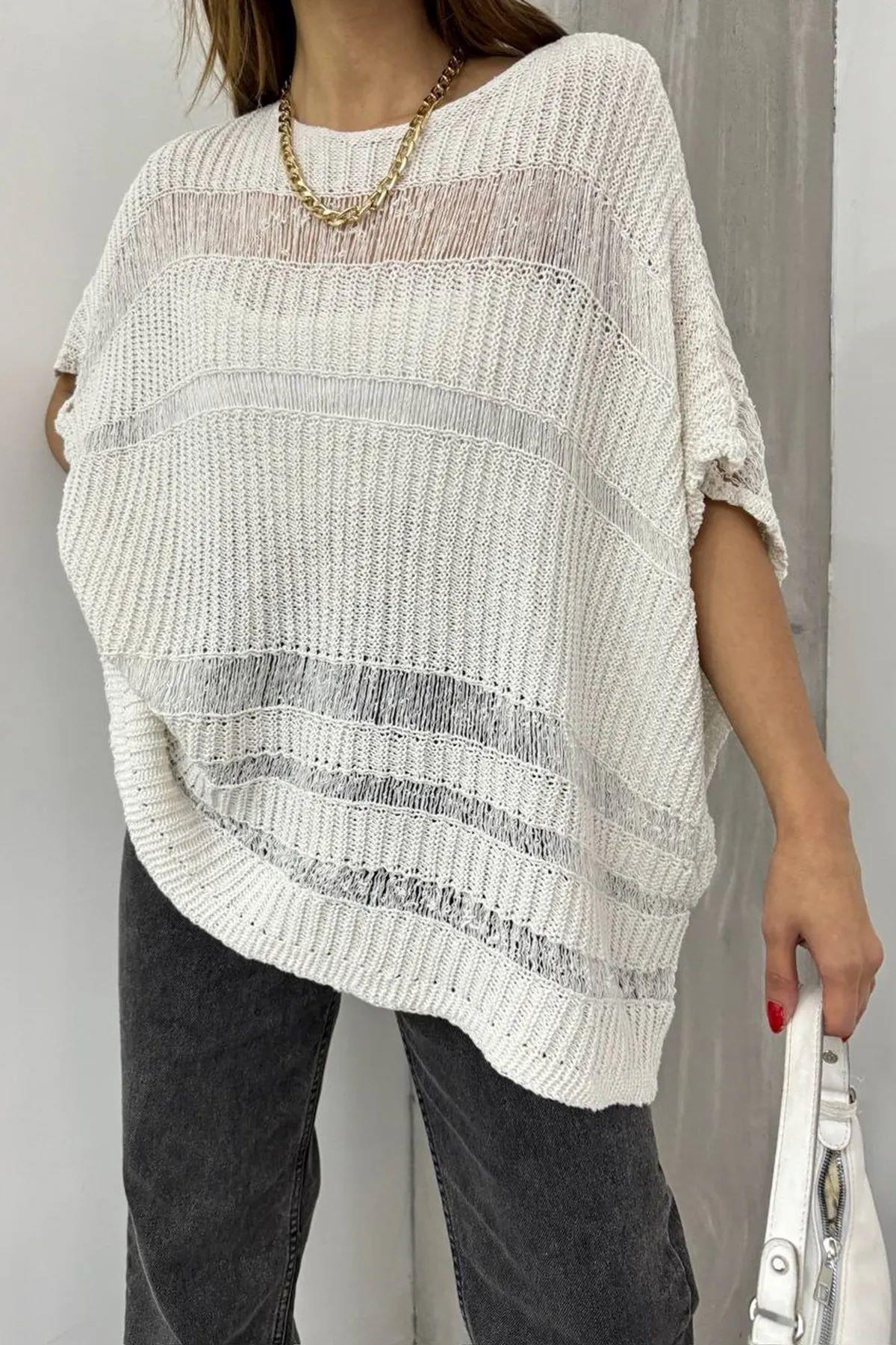 Kadın Triko Yarasa Kol Şerit Ajurlu Oversize Beyaz Bluz 1018