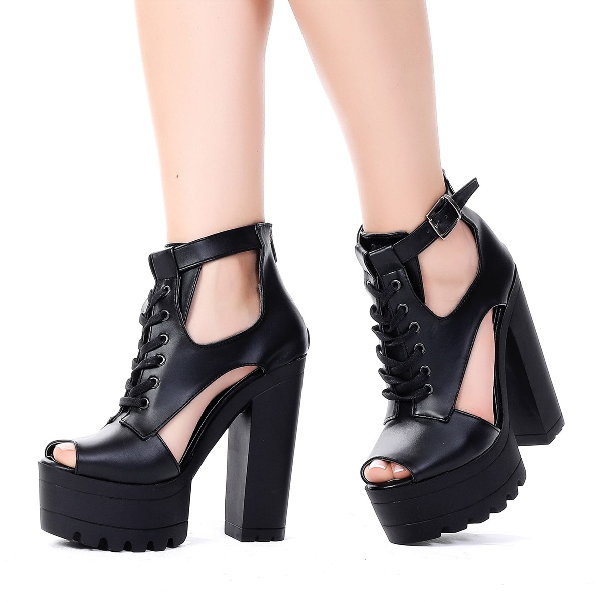 KALIN TOPUKLU BİLEKTEN KEMER VE BAĞCIK DETAYLI KALIN TABANLI YAZLIK SİYAH BOOTIE SİYAH PLATFORM TOPUK BAYAN AYAKKABI BAYAN SANDALET YAZLIK SİYAH BAYAN AYAKKABI SİYAH PLATFORM TOPUK AYAKKABI HIGH HEELS SİYAH WOMAN SHOES DL-025-2