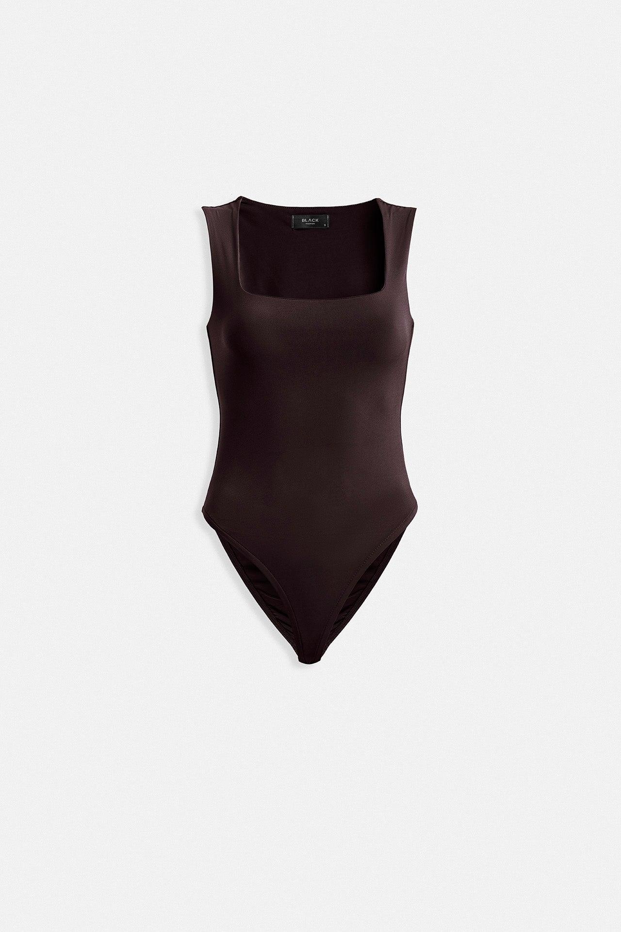 Kare Yaka Kalın Askılı Kahverengi Bodysuit