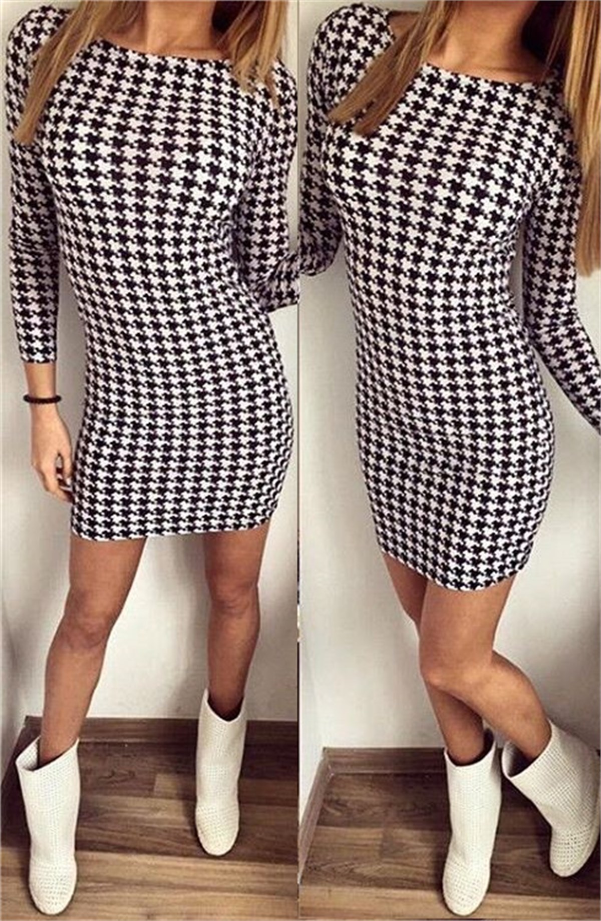 KAZ AYAĞI DESEN ESNEK DALGIÇ KUMAŞ MİNİ ELBİSE DNM-262