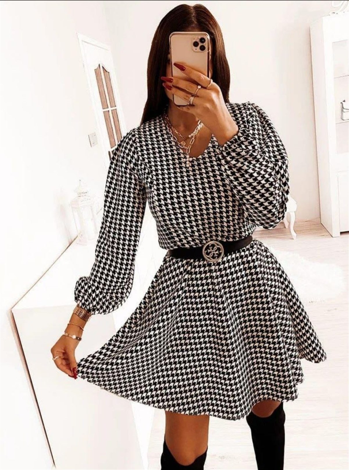 KAZAYAĞI DESENLİ ÇAN KESİM KEMER HEDİYELİ MİNİ ELBİSE BELTED MINI DRESS EMR-109-KAZAYAĞI