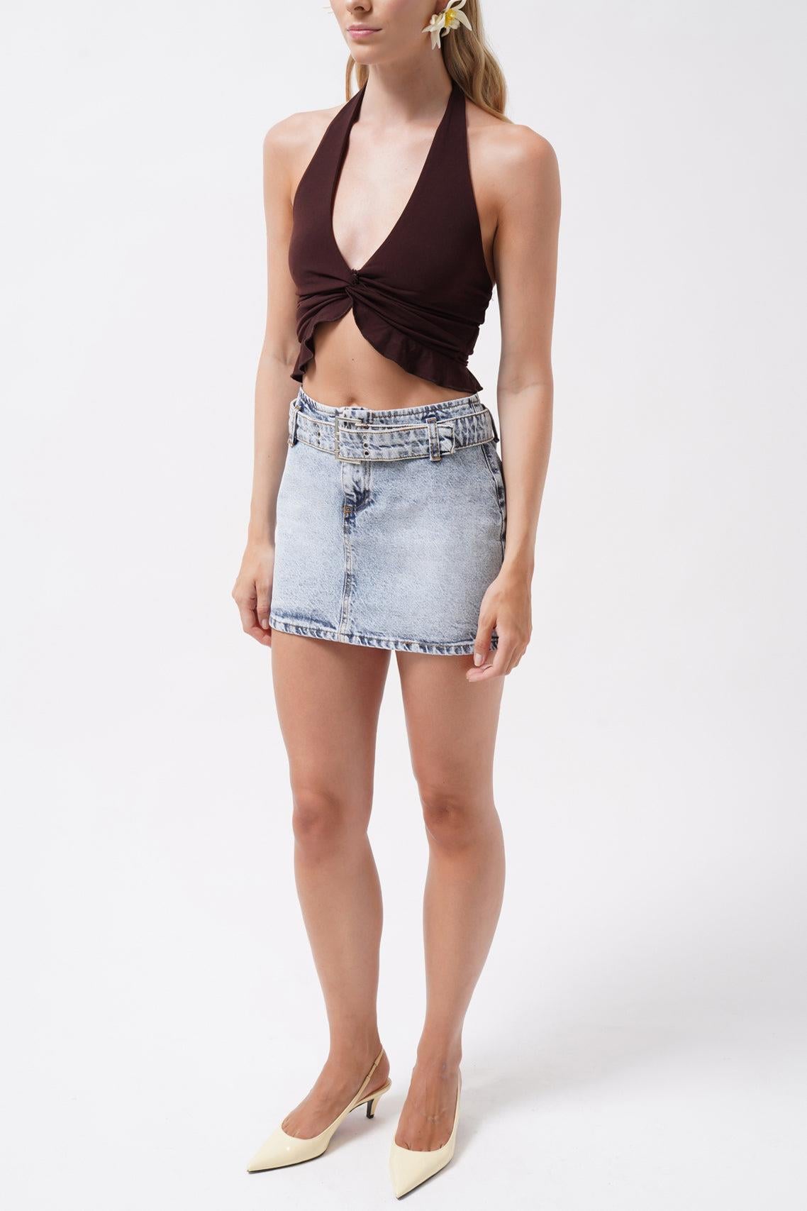 Kemer Detay Denim Mini Açık Mavi Etek