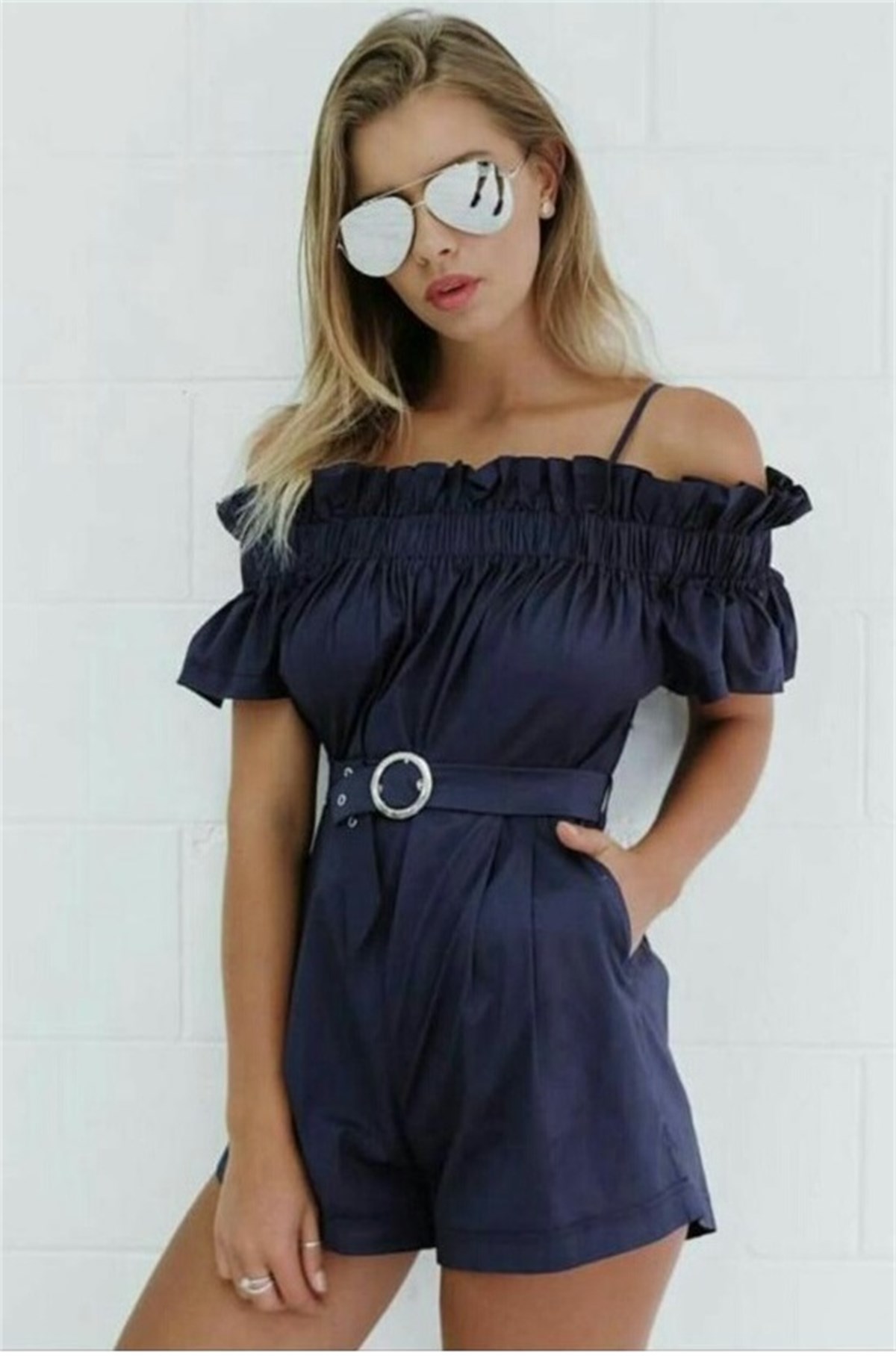 KEMER DETAYLI TEK PARÇA LACİVERT ŞORTLU TULUM MSCX-051