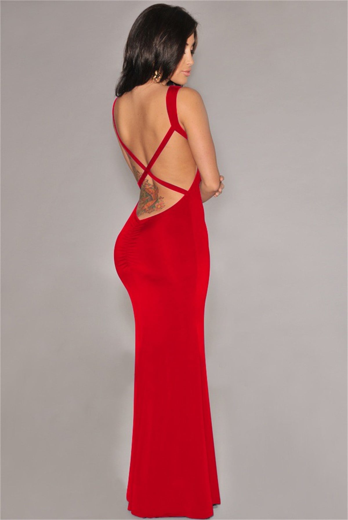 KIRMIZI DALGIÇ KUMAŞ SIRT DEKOLTELİ ABİYE ELBİSE DNM-020