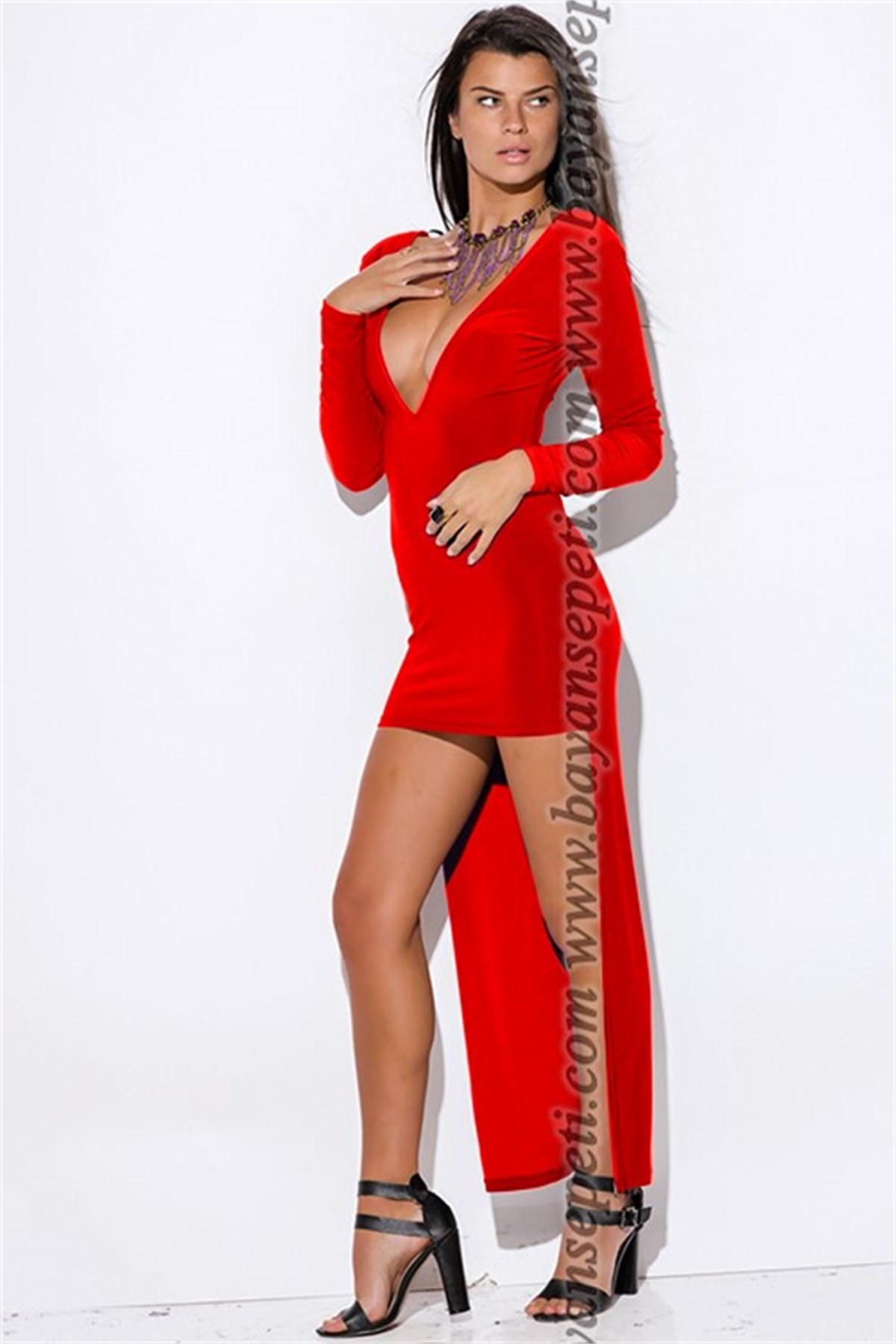 KIRMIZI ESNEK SANDY KUMAŞ KUYRUK DETAY MİNİ ELBİSE DNM-276-3