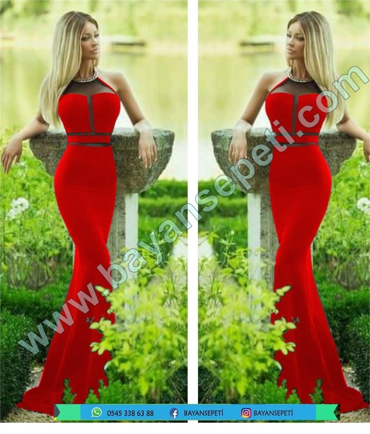 KIRMIZI SANDY KUMAŞ DEKOLTELİ UZUN ABİYE ELBİSE DNM-318-3