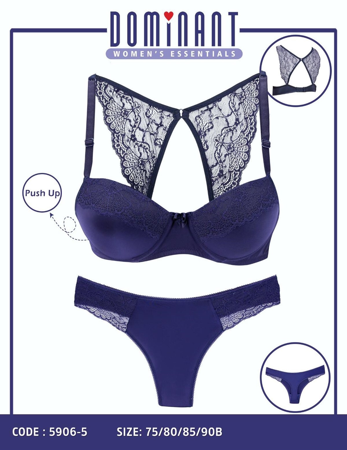 KOZA DOLGULU LACİVERT SÜTYEN TAKIM NAVY BRA SET koza-5906-5