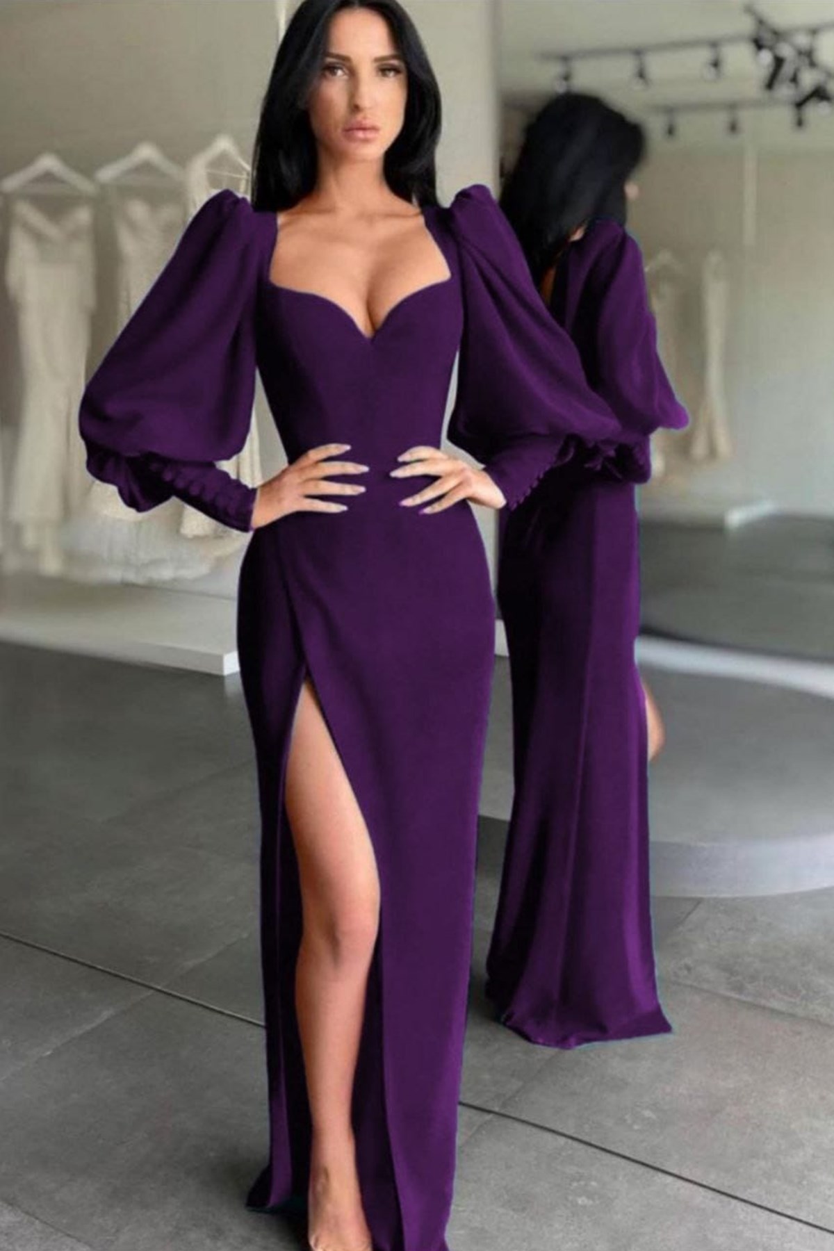 KREP KUMAŞ YIRTMAÇ DETAYLI GÖĞÜS DEKOLTELİ BALON KOL MOR UZUN ABİYE ELBİSE PURPLE PROM DRESS EMR-112-MOR